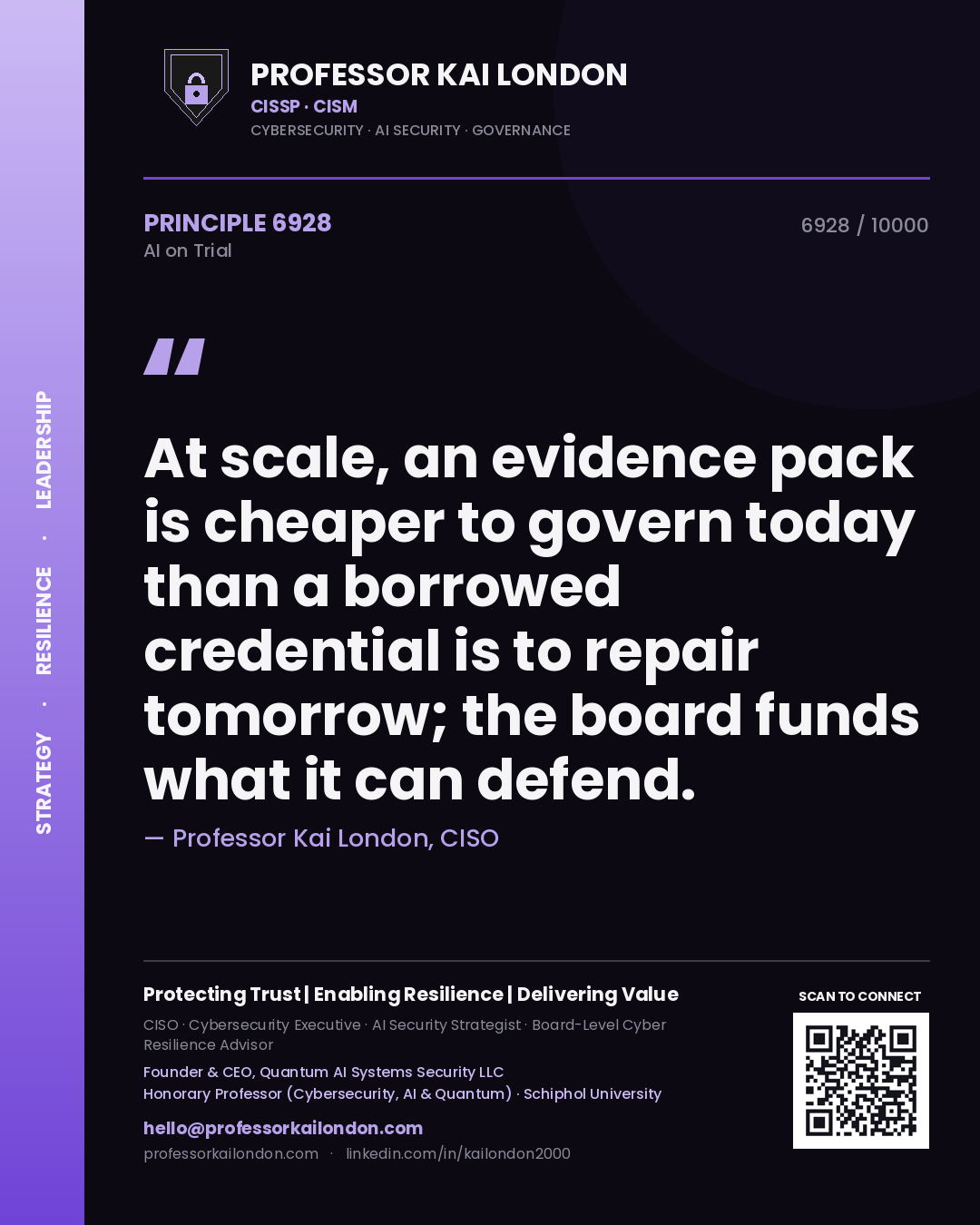 Professor Kai London principle 6928: At scale, an evidence pack is cheaper to govern today than a borrowed credential is to repair tomorrow; the board funds what it can defend.