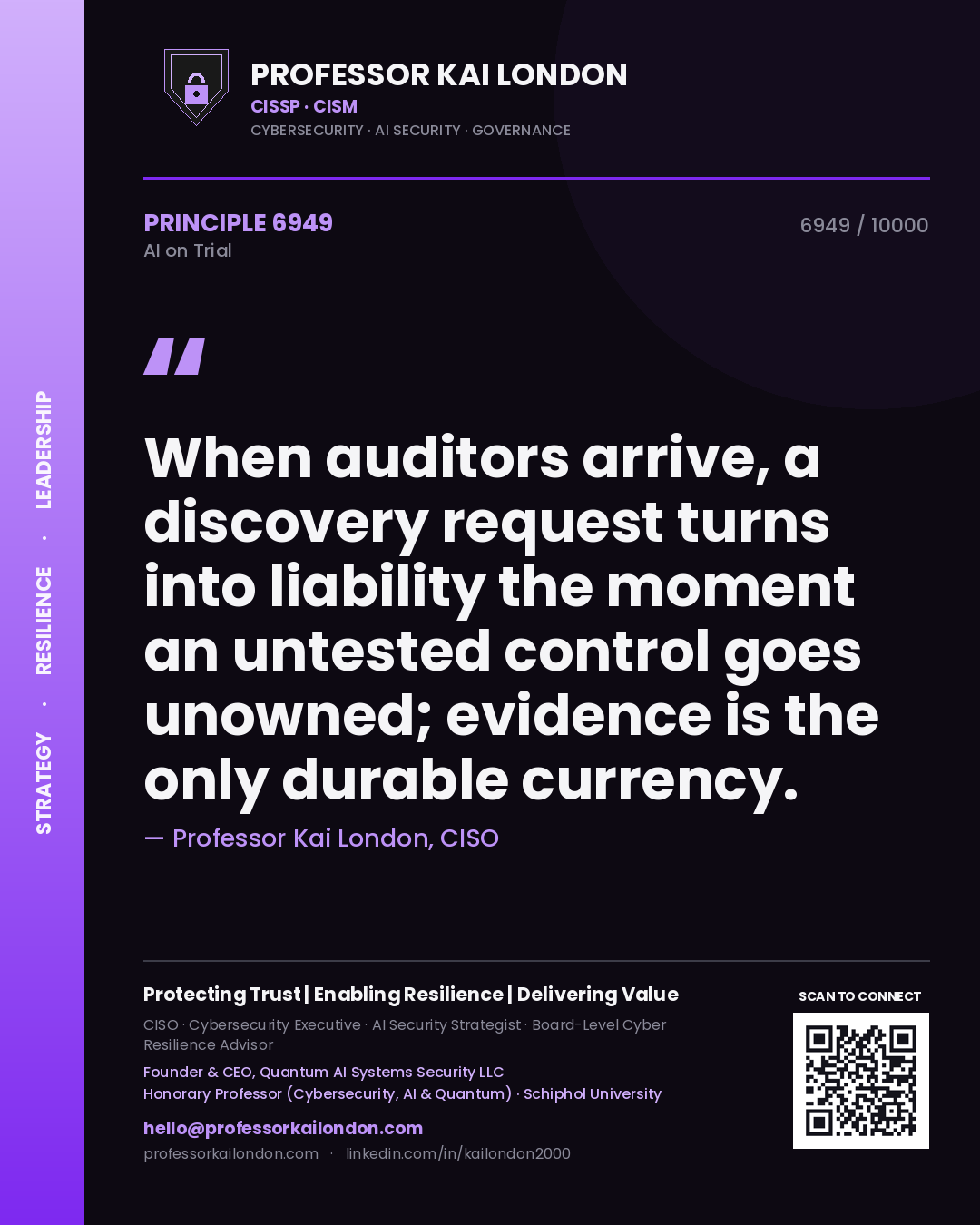 Professor Kai London principle 6949: When auditors arrive, a discovery request turns into liability the moment an untested control goes unowned; evidence is the only durable currency.