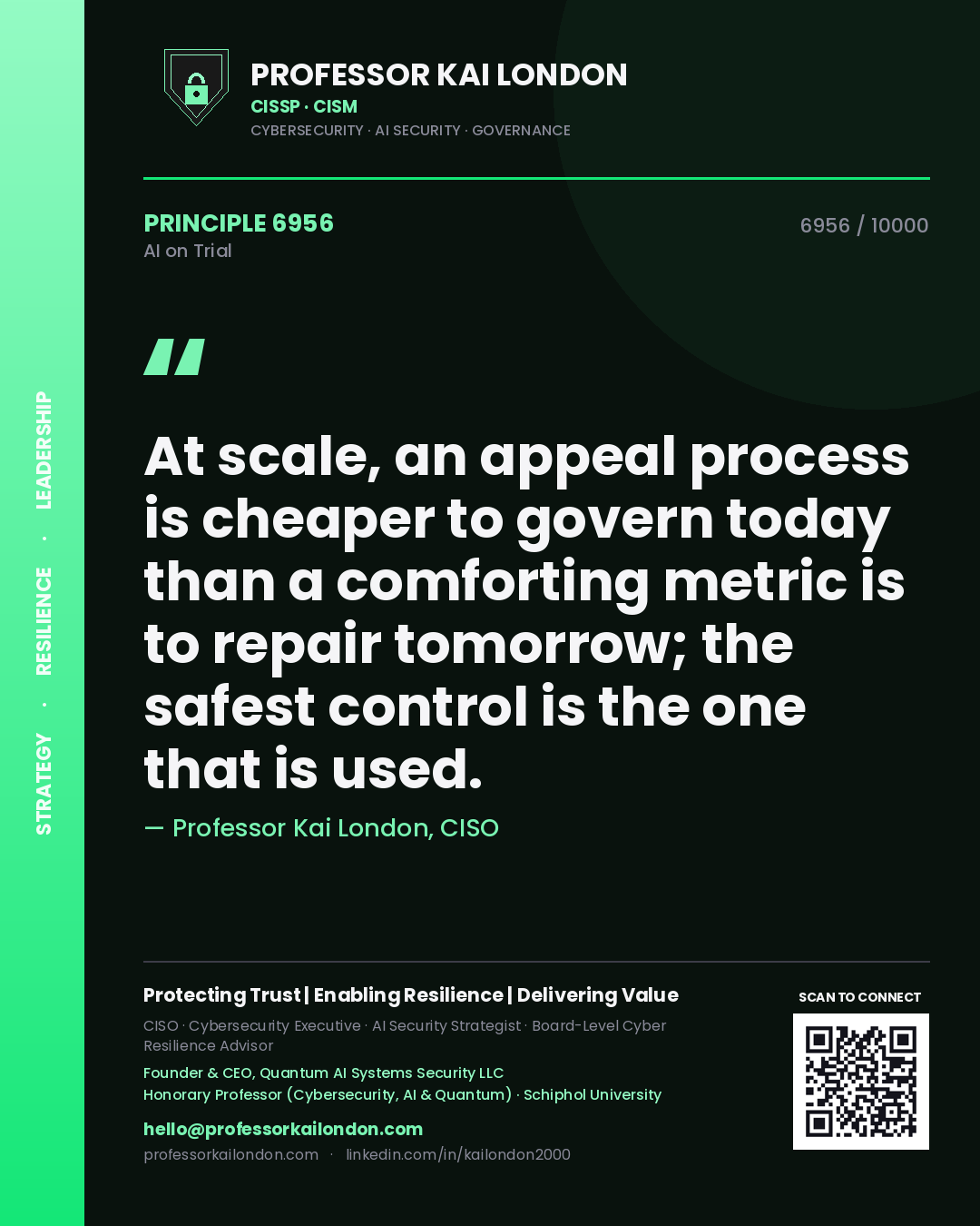 Professor Kai London principle 6956: At scale, an appeal process is cheaper to govern today than a comforting metric is to repair tomorrow; the safest control is the one that is used.