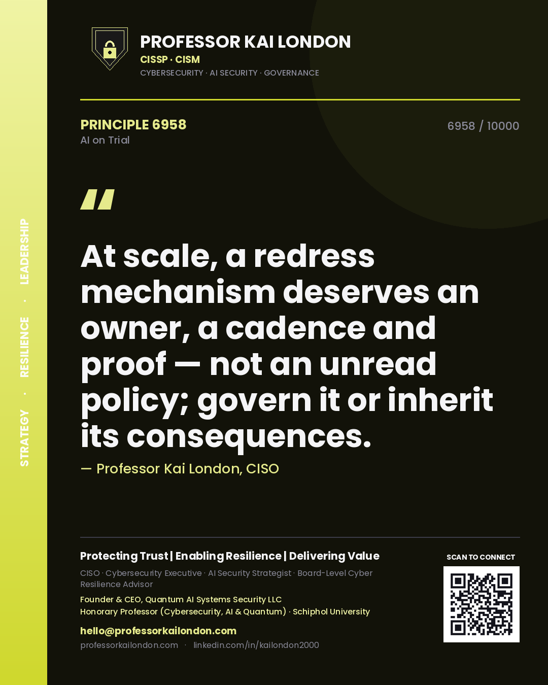 Professor Kai London principle 6958: At scale, a redress mechanism deserves an owner, a cadence and proof — not an unread policy; govern it or inherit its consequences.