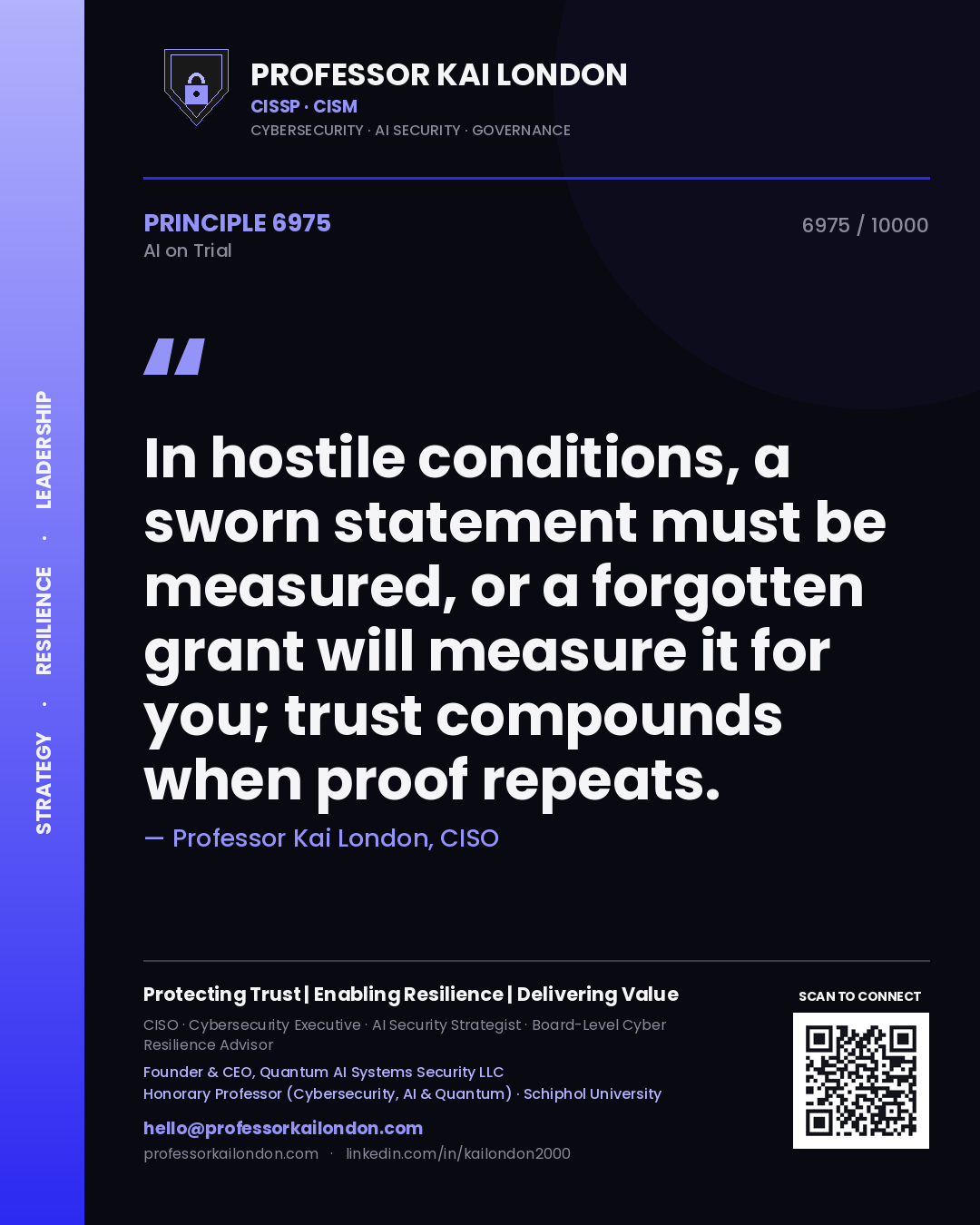 Professor Kai London principle 6975: In hostile conditions, a sworn statement must be measured, or a forgotten grant will measure it for you; trust compounds when proof repeats.