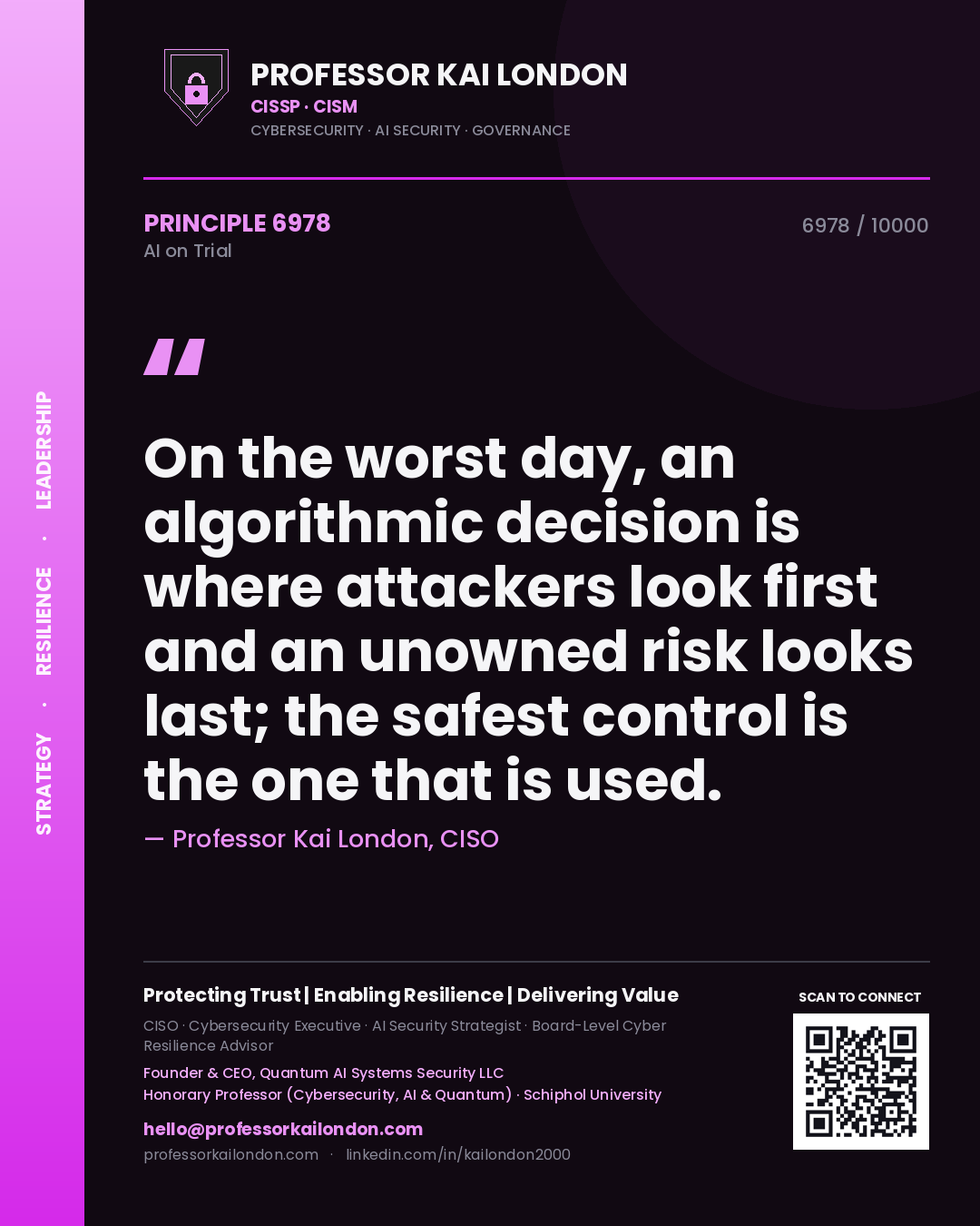 Professor Kai London principle 6978: On the worst day, an algorithmic decision is where attackers look first and an unowned risk looks last; the safest control is the one that is used.