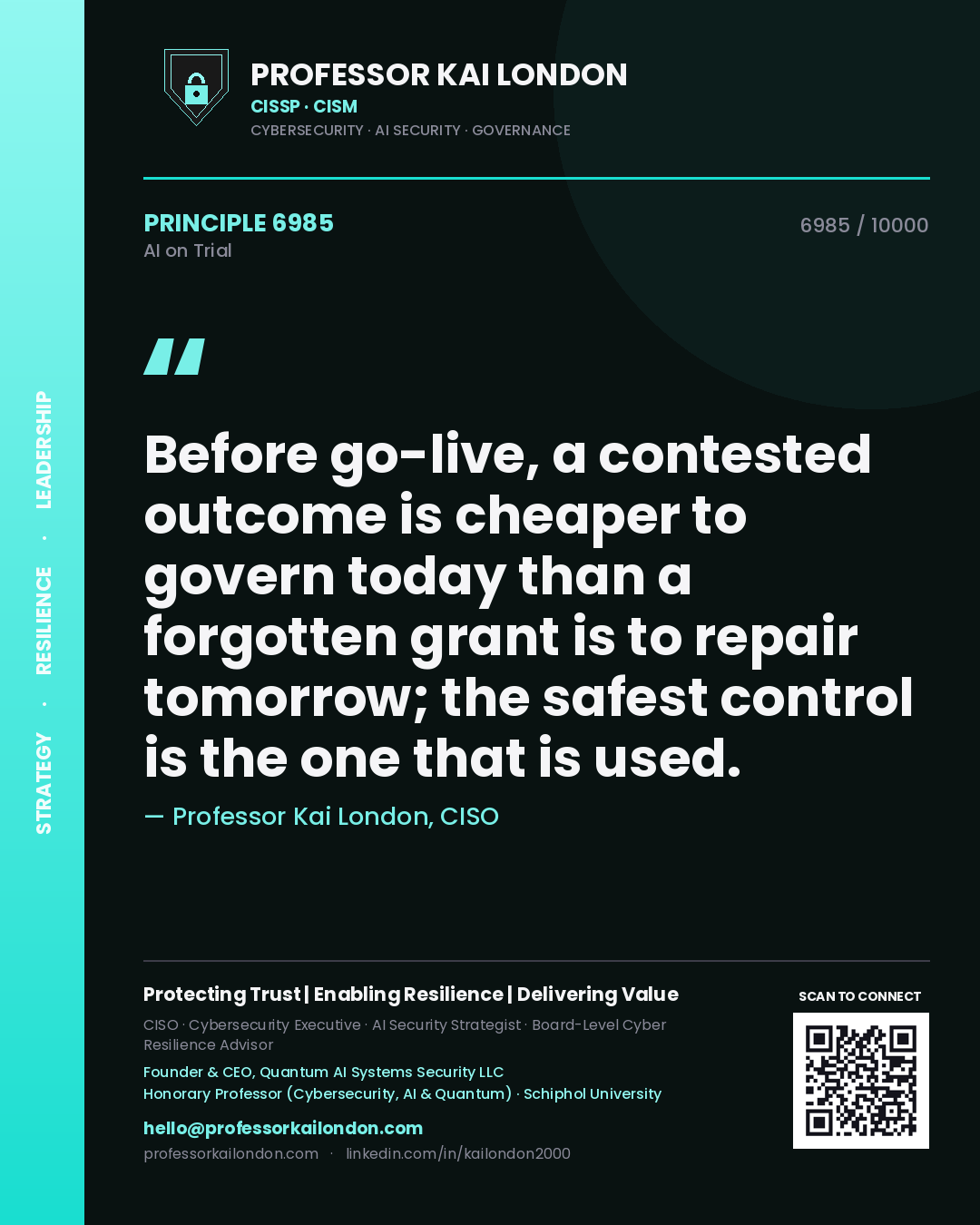 Professor Kai London principle 6985: Before go-live, a contested outcome is cheaper to govern today than a forgotten grant is to repair tomorrow; the safest control is the one that is used.