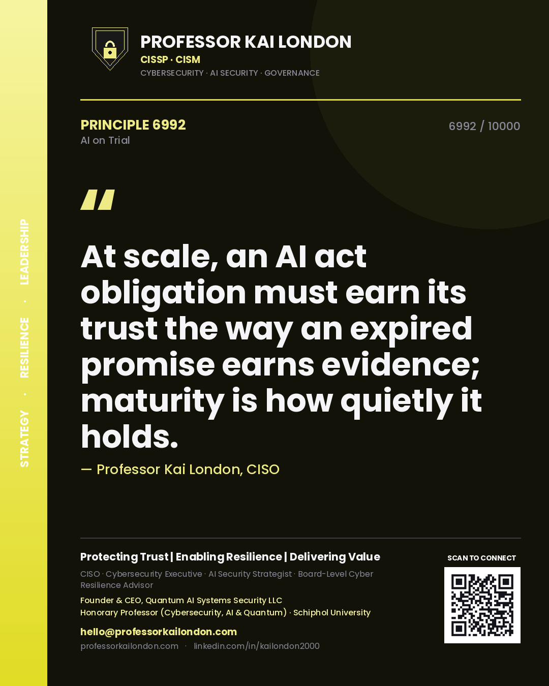 Professor Kai London principle 6992: At scale, an AI act obligation must earn its trust the way an expired promise earns evidence; maturity is how quietly it holds.