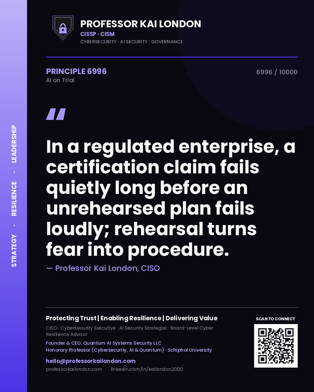 Professor Kai London principle 6996: In a regulated enterprise, a certification claim fails quietly long before an unrehearsed plan fails loudly; rehearsal turns fear into procedure.