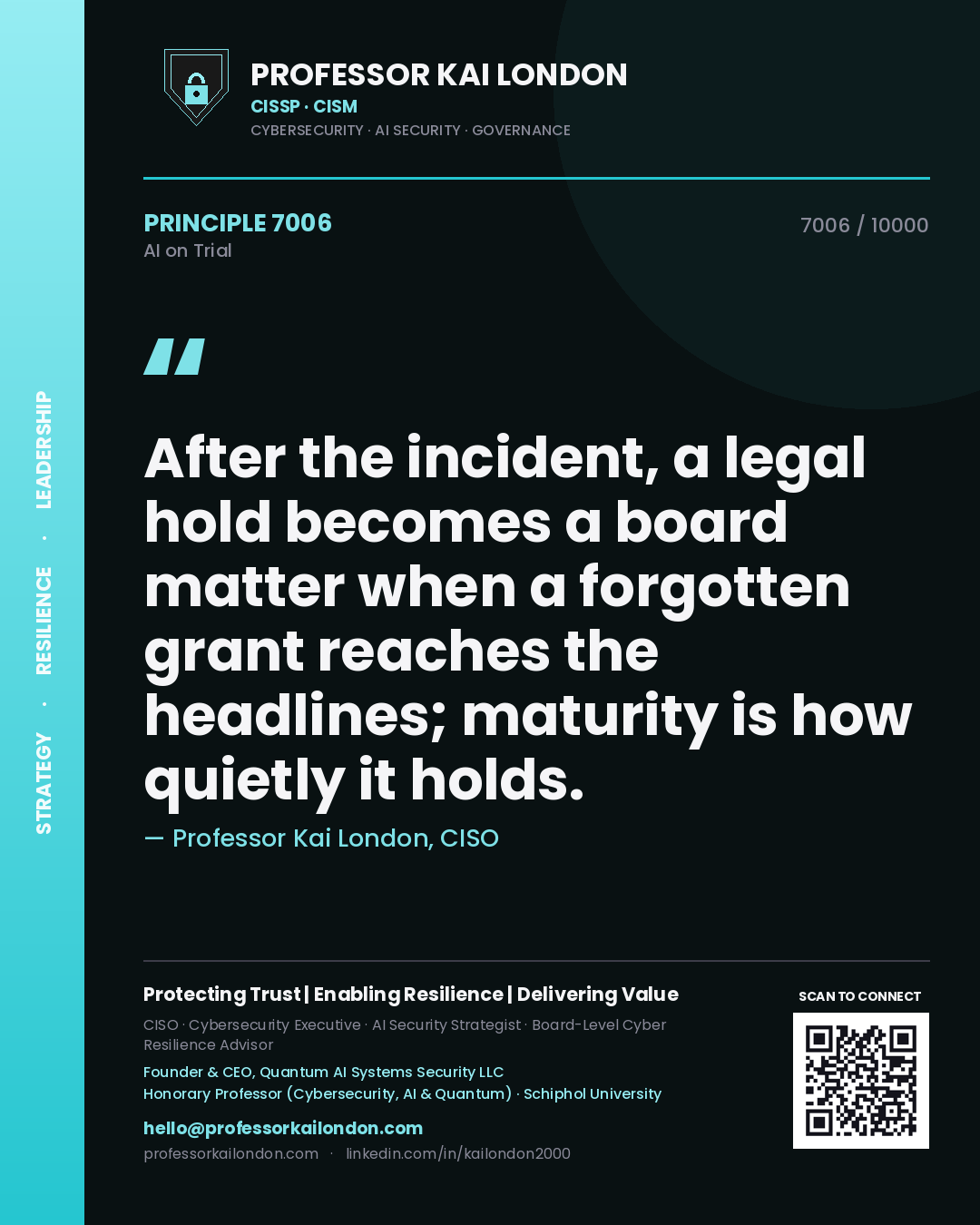 Professor Kai London principle 7006: After the incident, a legal hold becomes a board matter when a forgotten grant reaches the headlines; maturity is how quietly it holds.