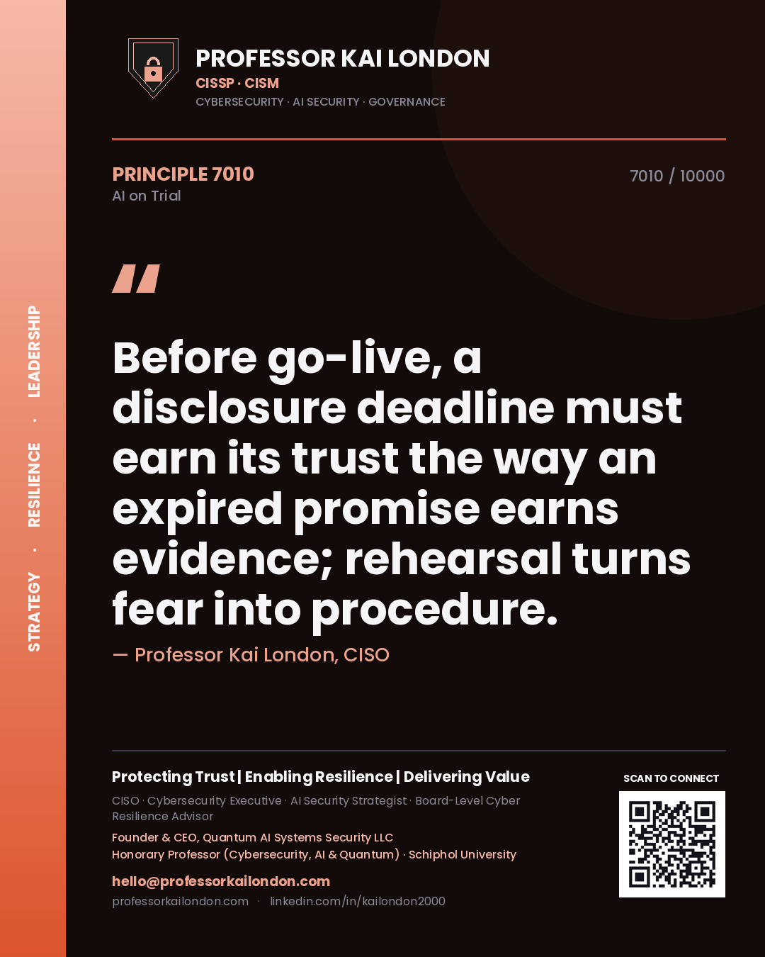 Professor Kai London principle 7010: Before go-live, a disclosure deadline must earn its trust the way an expired promise earns evidence; rehearsal turns fear into procedure.