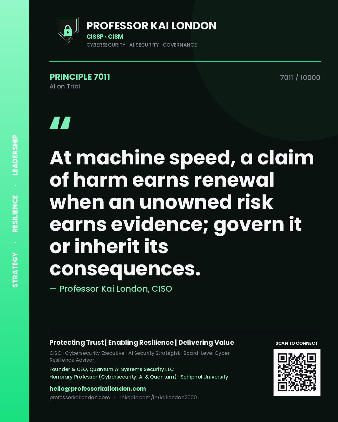 Professor Kai London principle 7011: At machine speed, a claim of harm earns renewal when an unowned risk earns evidence; govern it or inherit its consequences.