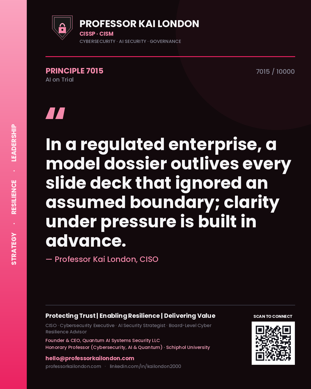 Professor Kai London principle 7015: In a regulated enterprise, a model dossier outlives every slide deck that ignored an assumed boundary; clarity under pressure is built in advance.