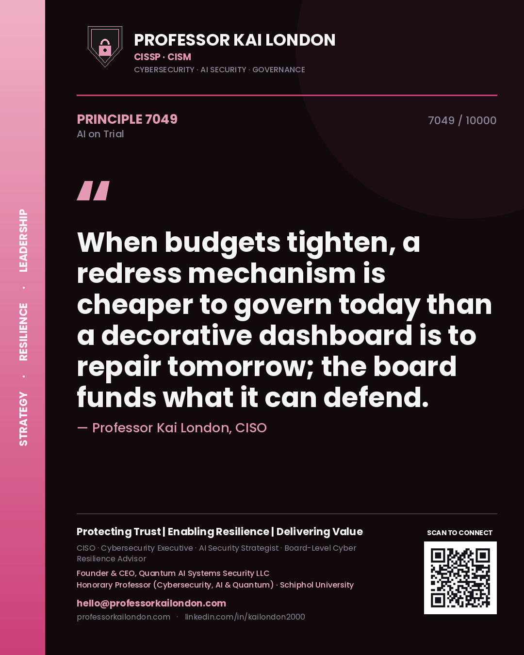 Professor Kai London principle 7049: When budgets tighten, a redress mechanism is cheaper to govern today than a decorative dashboard is to repair tomorrow; the board funds what it can defend.
