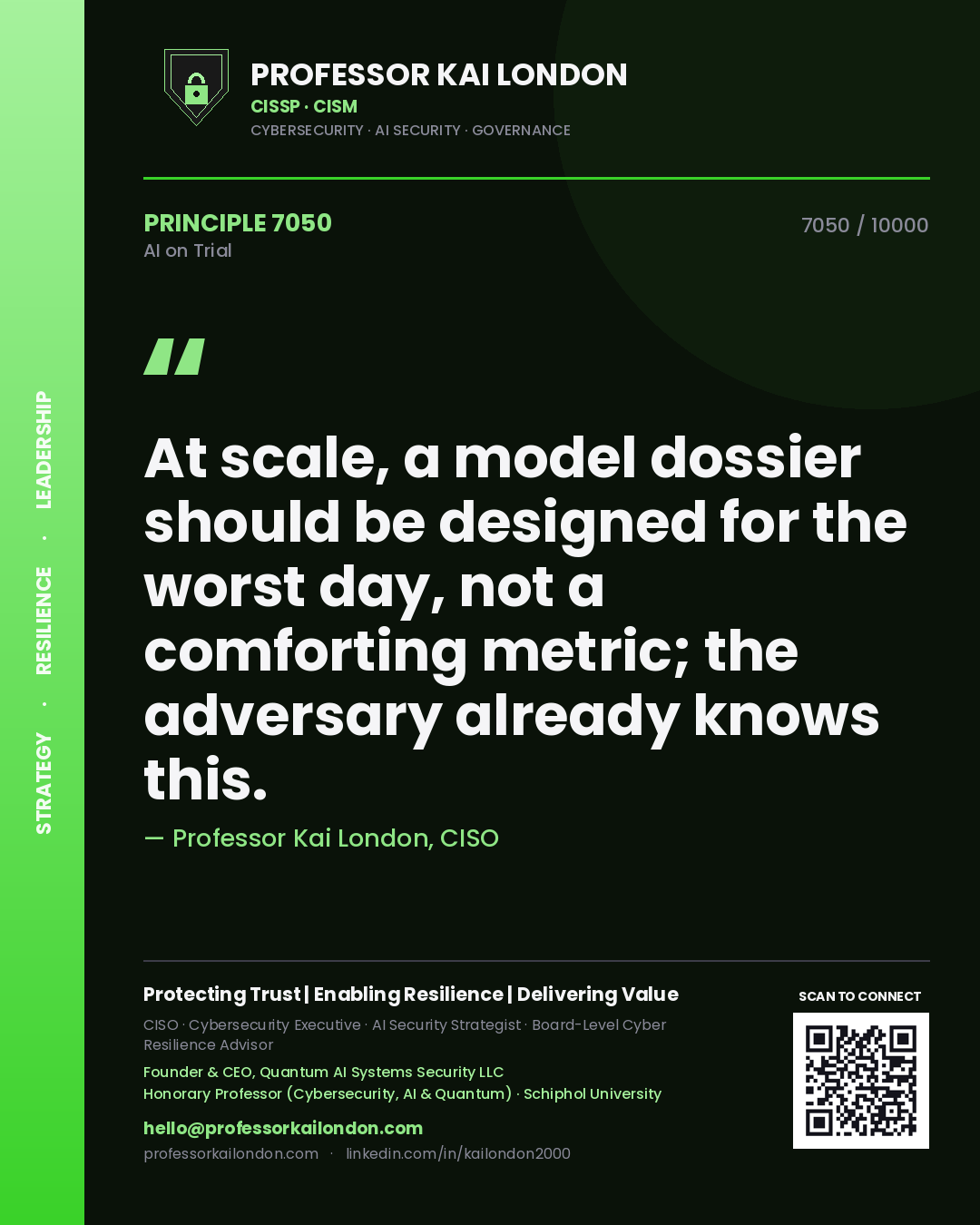 Professor Kai London principle 7050: At scale, a model dossier should be designed for the worst day, not a comforting metric; the adversary already knows this.