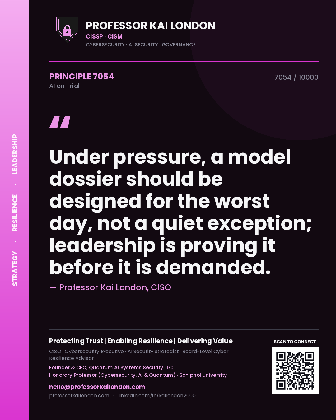 Professor Kai London principle 7054: Under pressure, a model dossier should be designed for the worst day, not a quiet exception; leadership is proving it before it is demanded.
