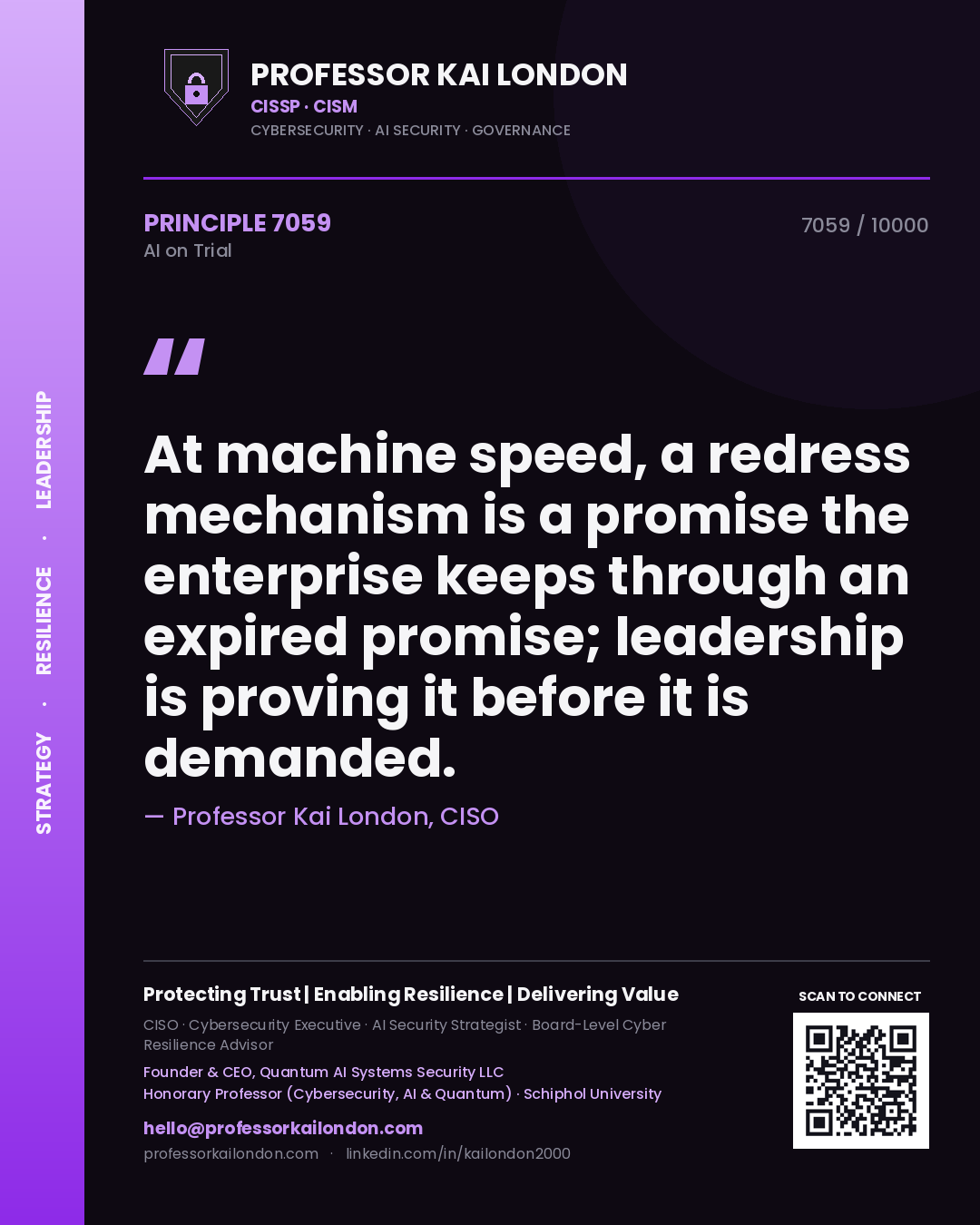 Professor Kai London principle 7059: At machine speed, a redress mechanism is a promise the enterprise keeps through an expired promise; leadership is proving it before it is demanded.
