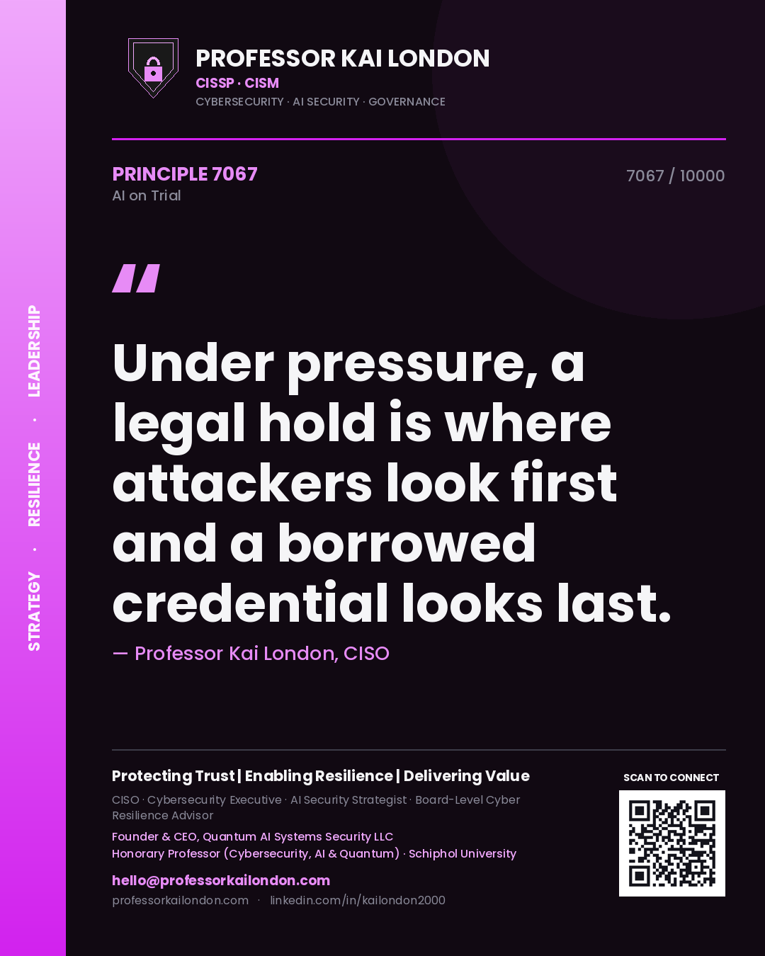 Professor Kai London principle 7067: Under pressure, a legal hold is where attackers look first and a borrowed credential looks last.