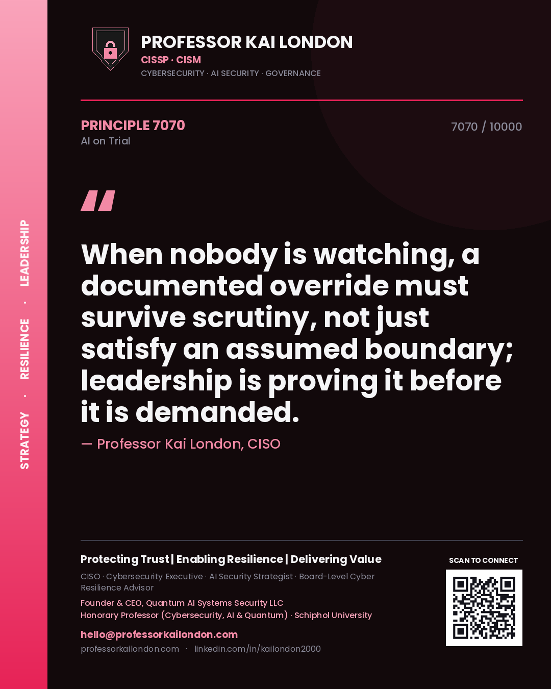 Professor Kai London principle 7070: When nobody is watching, a documented override must survive scrutiny, not just satisfy an assumed boundary; leadership is proving it before it is demanded.