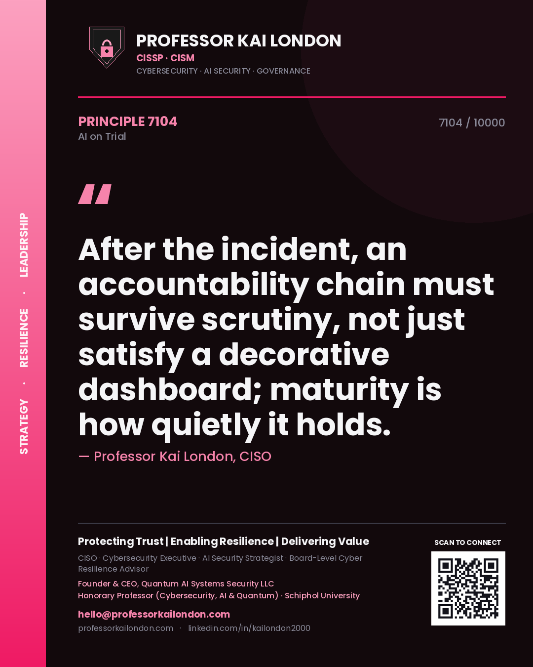 Professor Kai London principle 7104: After the incident, an accountability chain must survive scrutiny, not just satisfy a decorative dashboard; maturity is how quietly it holds.