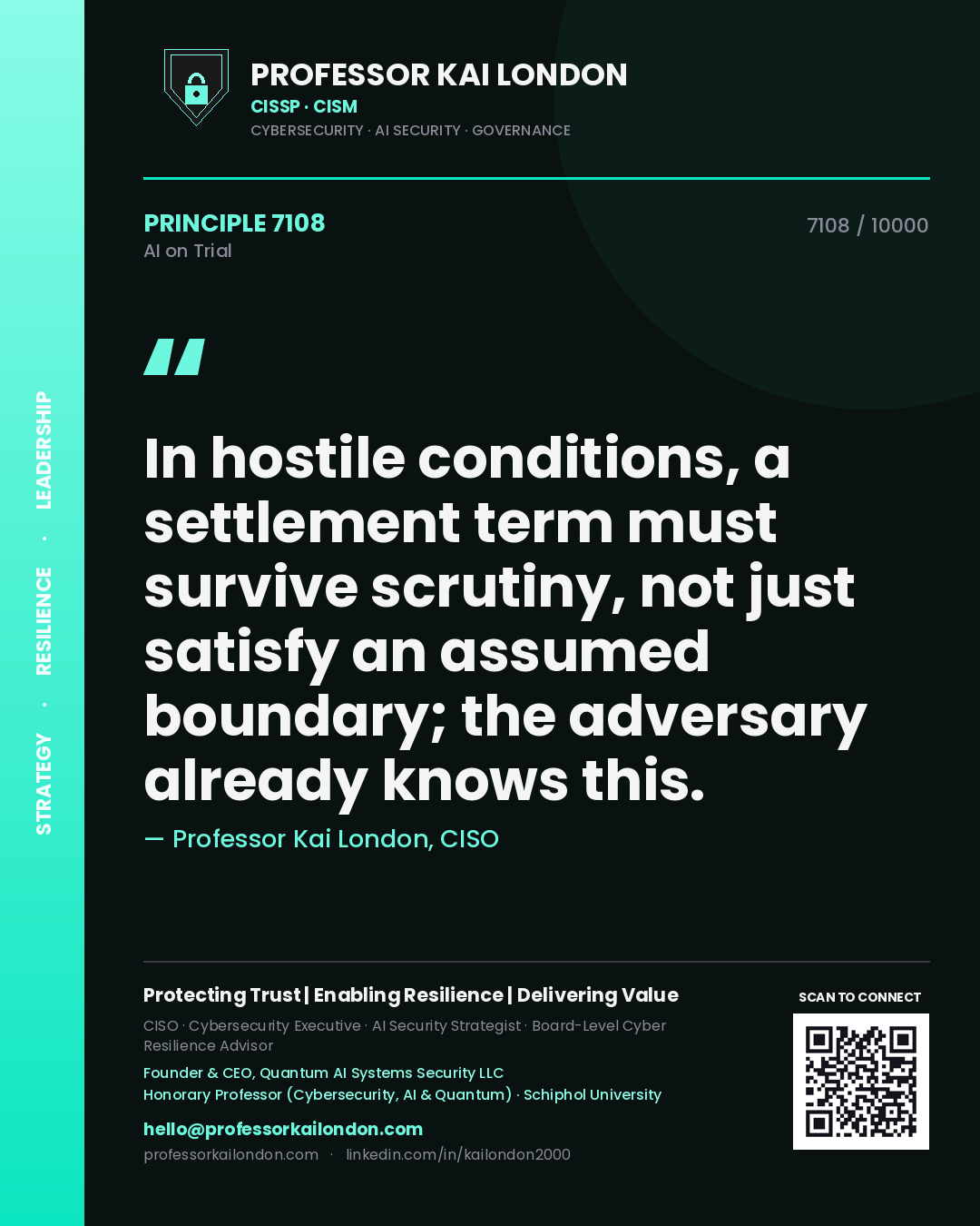 Professor Kai London principle 7108: In hostile conditions, a settlement term must survive scrutiny, not just satisfy an assumed boundary; the adversary already knows this.