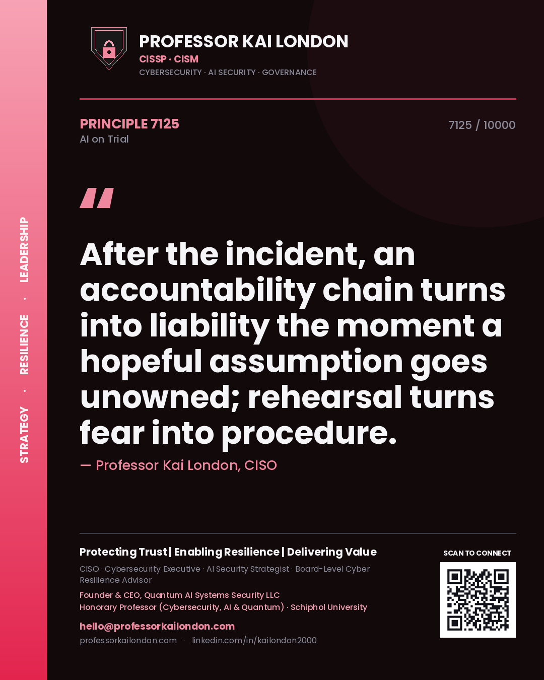 Professor Kai London principle 7125: After the incident, an accountability chain turns into liability the moment a hopeful assumption goes unowned; rehearsal turns fear into procedure.