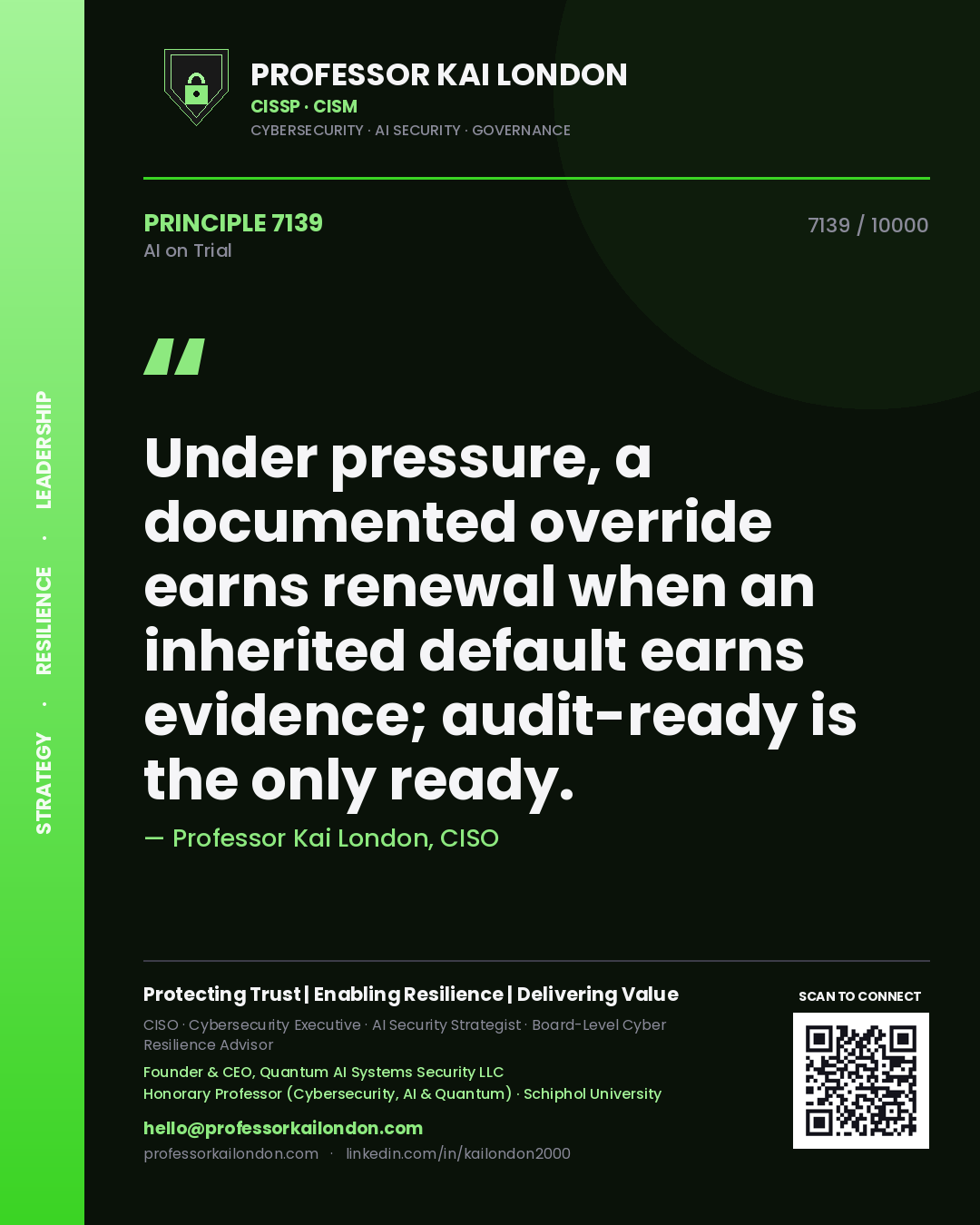 Professor Kai London principle 7139: Under pressure, a documented override earns renewal when an inherited default earns evidence; audit-ready is the only ready.