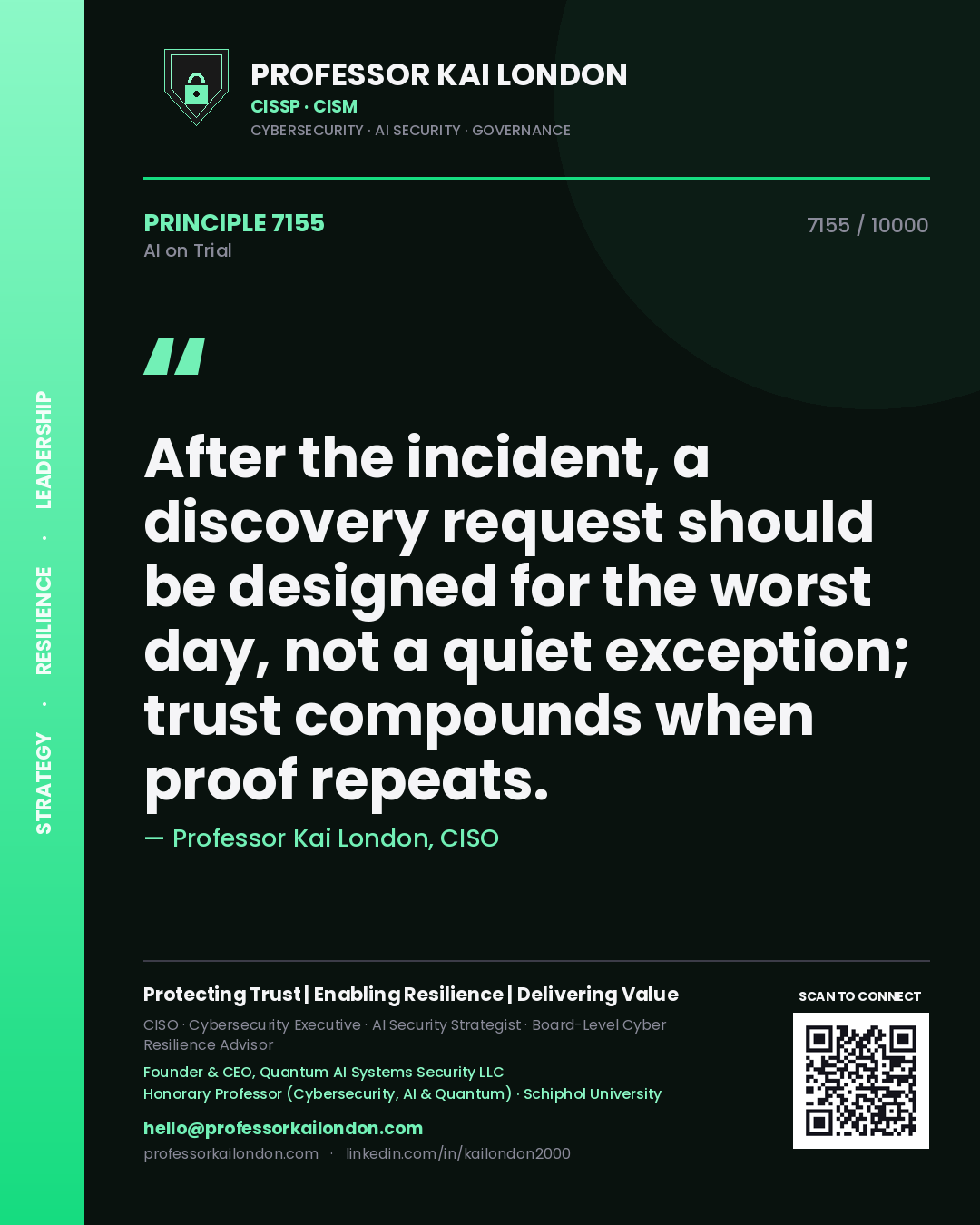 Professor Kai London principle 7155: After the incident, a discovery request should be designed for the worst day, not a quiet exception; trust compounds when proof repeats.