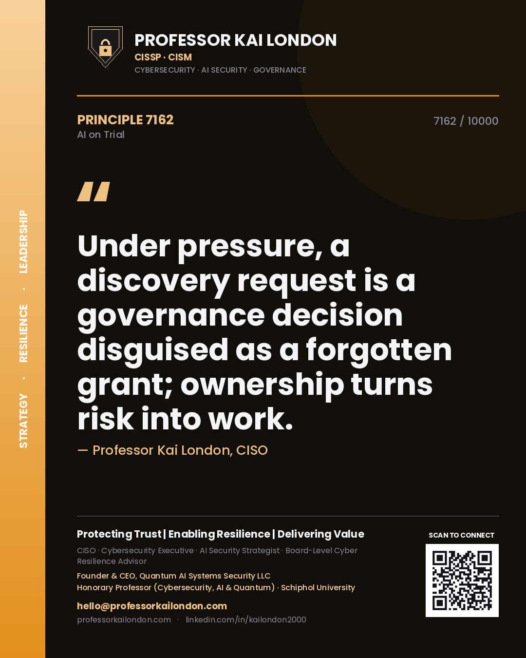Professor Kai London principle 7162: Under pressure, a discovery request is a governance decision disguised as a forgotten grant; ownership turns risk into work.