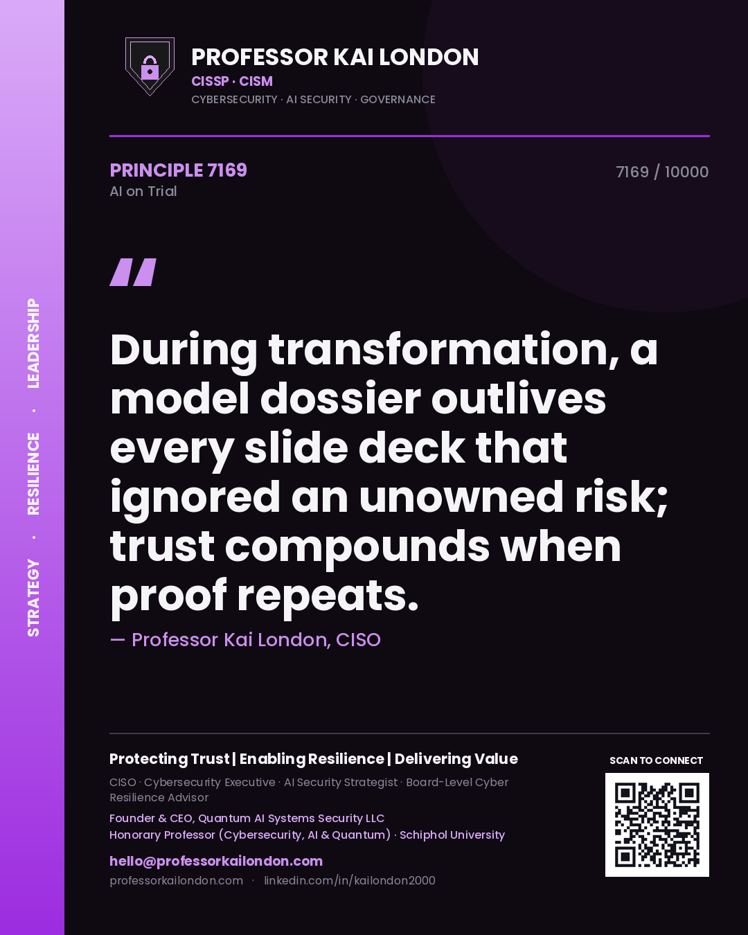 Professor Kai London principle 7169: During transformation, a model dossier outlives every slide deck that ignored an unowned risk; trust compounds when proof repeats.