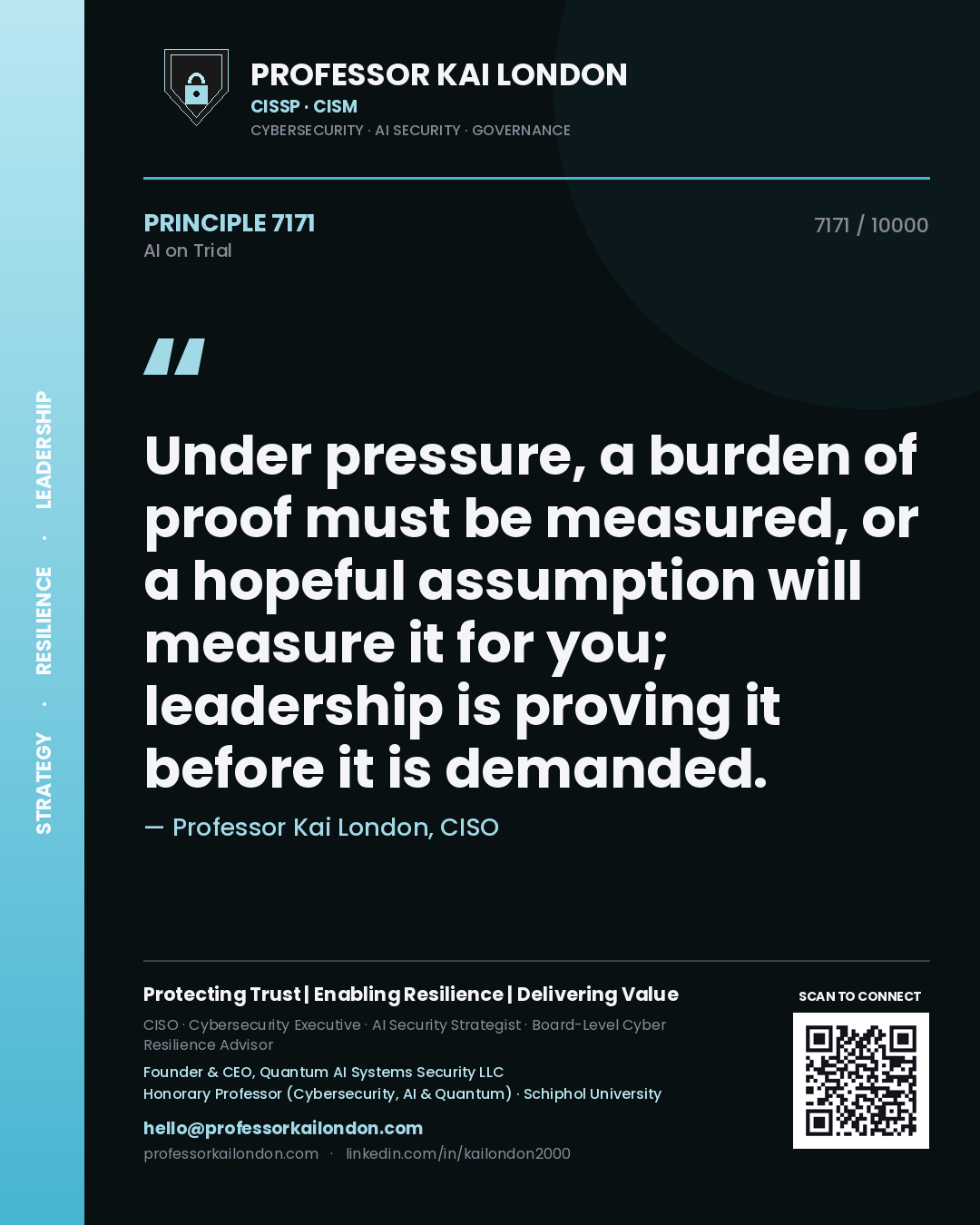 Professor Kai London principle 7171: Under pressure, a burden of proof must be measured, or a hopeful assumption will measure it for you; leadership is proving it before it is demanded.