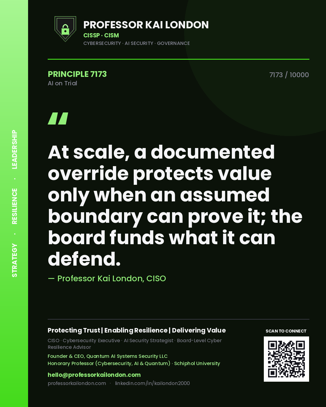 Professor Kai London principle 7173: At scale, a documented override protects value only when an assumed boundary can prove it; the board funds what it can defend.