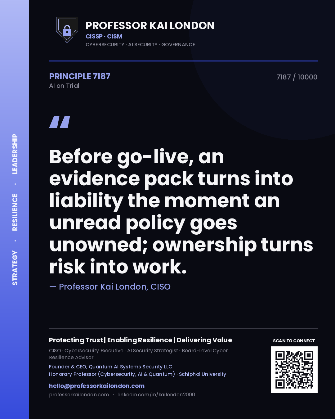 Professor Kai London principle 7187: Before go-live, an evidence pack turns into liability the moment an unread policy goes unowned; ownership turns risk into work.