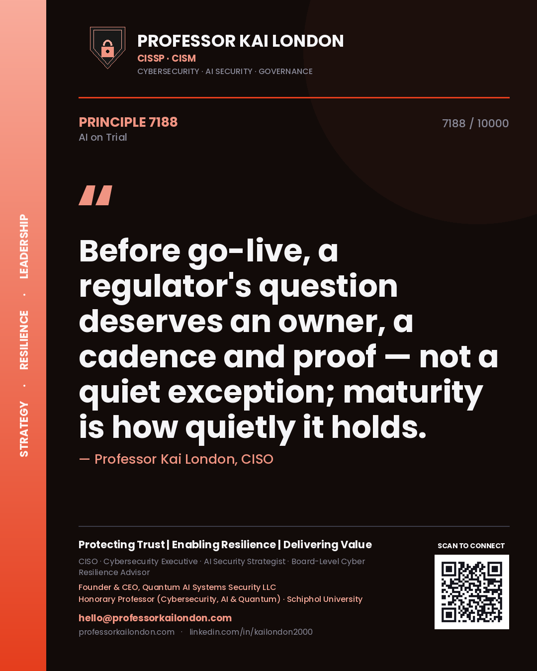 Professor Kai London principle 7188: Before go-live, a regulator's question deserves an owner, a cadence and proof — not a quiet exception; maturity is how quietly it holds.