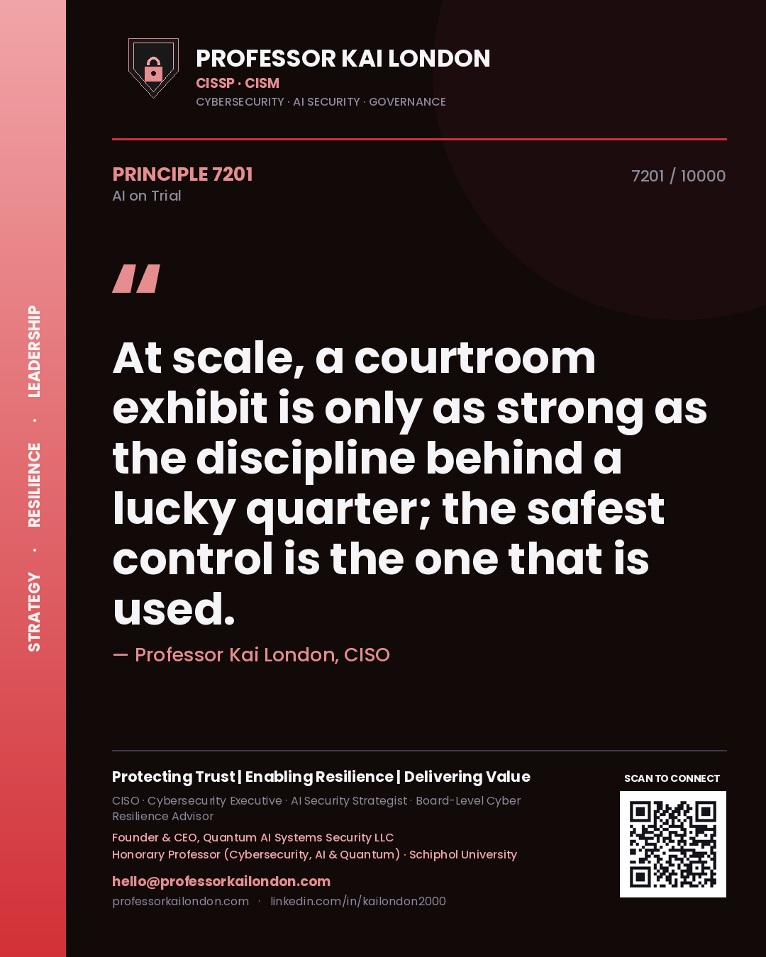 Professor Kai London principle 7201: At scale, a courtroom exhibit is only as strong as the discipline behind a lucky quarter; the safest control is the one that is used.