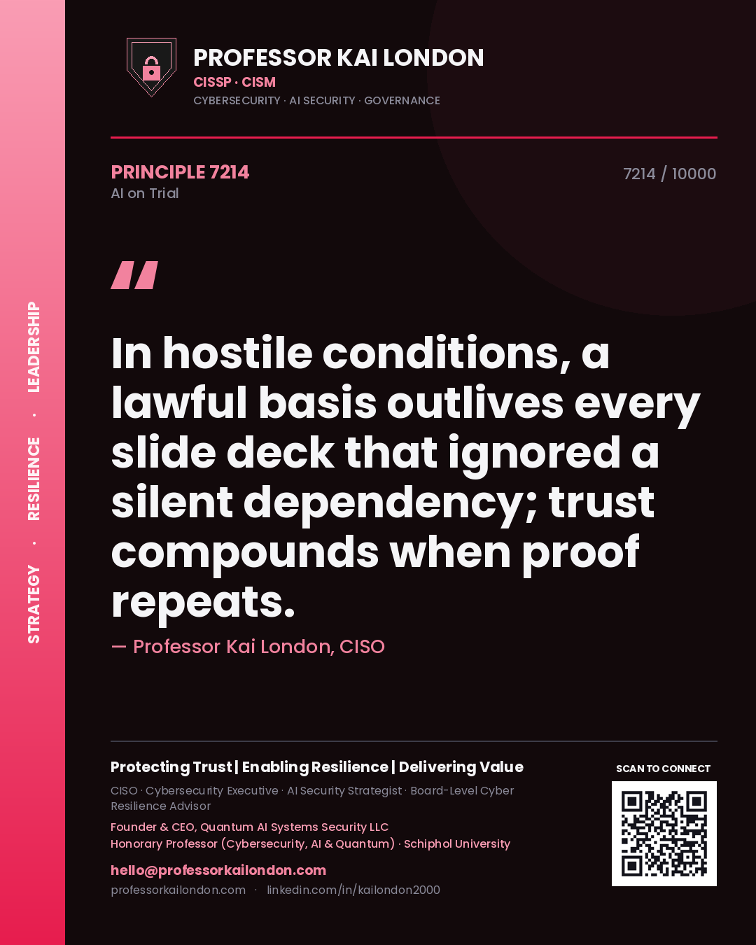 Professor Kai London principle 7214: In hostile conditions, a lawful basis outlives every slide deck that ignored a silent dependency; trust compounds when proof repeats.