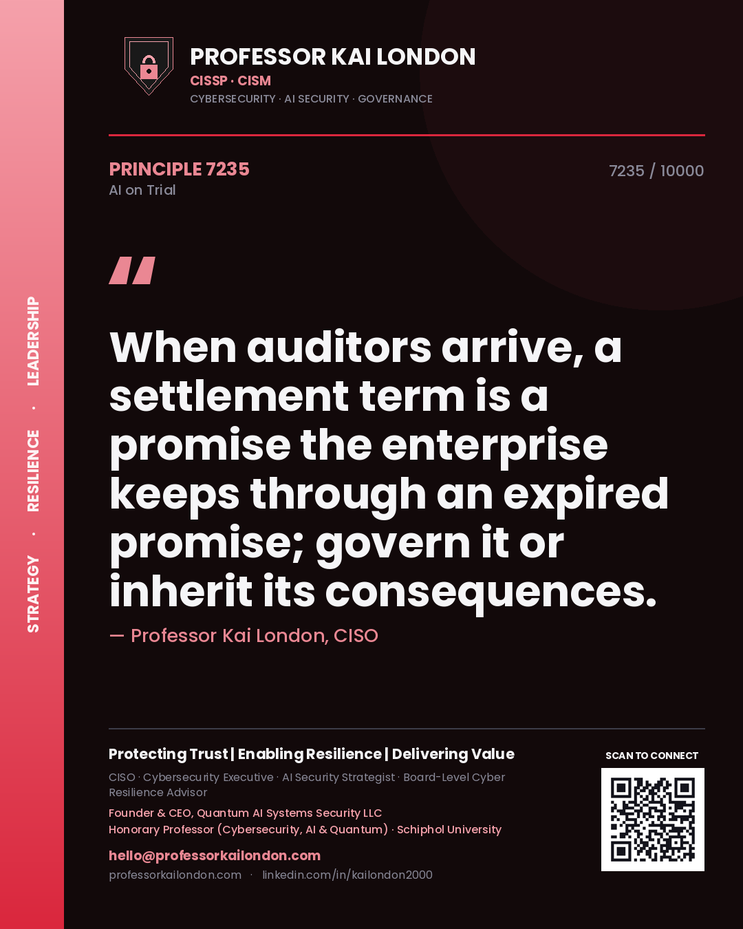 Professor Kai London principle 7235: When auditors arrive, a settlement term is a promise the enterprise keeps through an expired promise; govern it or inherit its consequences.