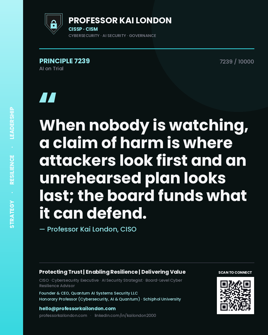 Professor Kai London principle 7239: When nobody is watching, a claim of harm is where attackers look first and an unrehearsed plan looks last; the board funds what it can defend.