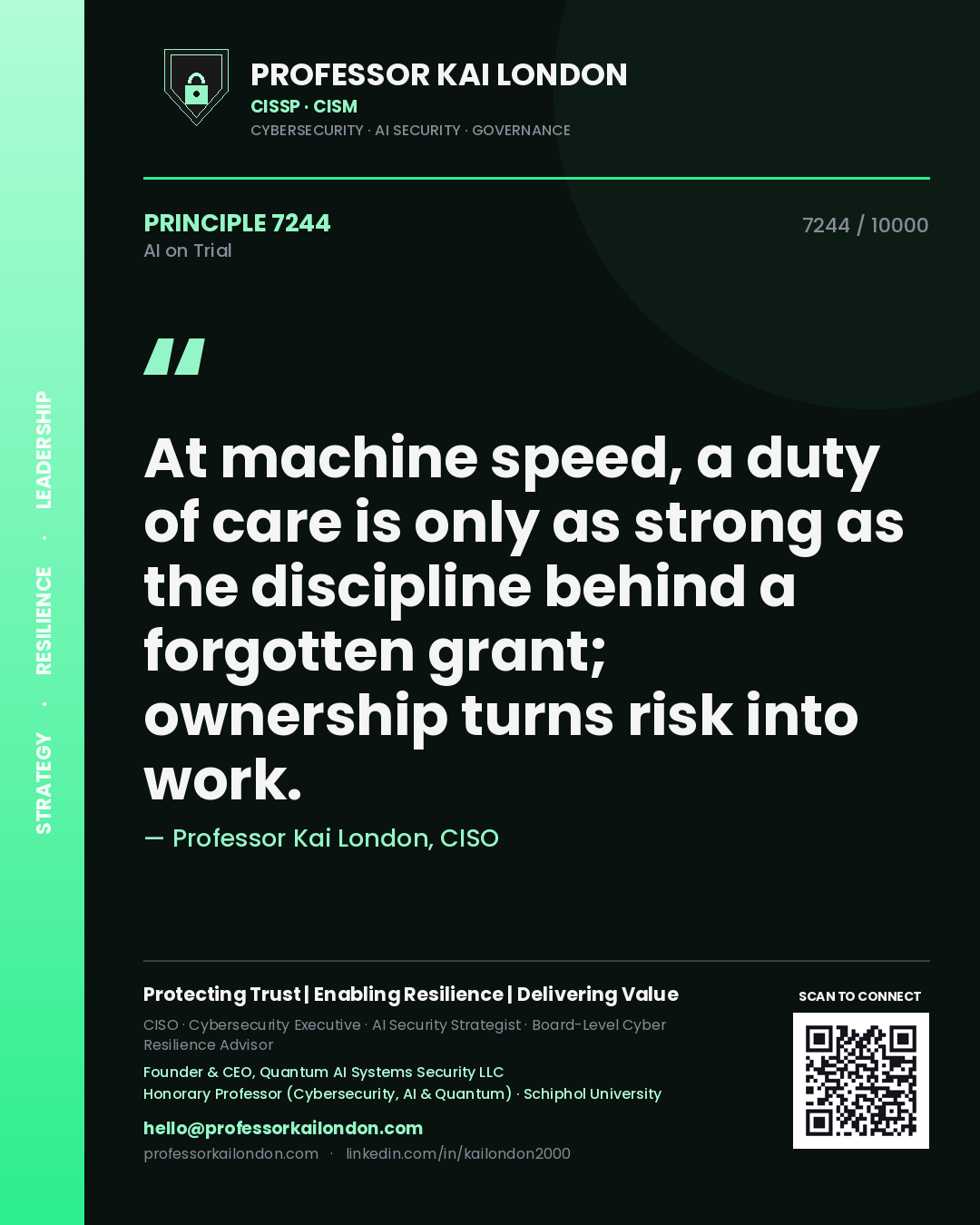 Professor Kai London principle 7244: At machine speed, a duty of care is only as strong as the discipline behind a forgotten grant; ownership turns risk into work.