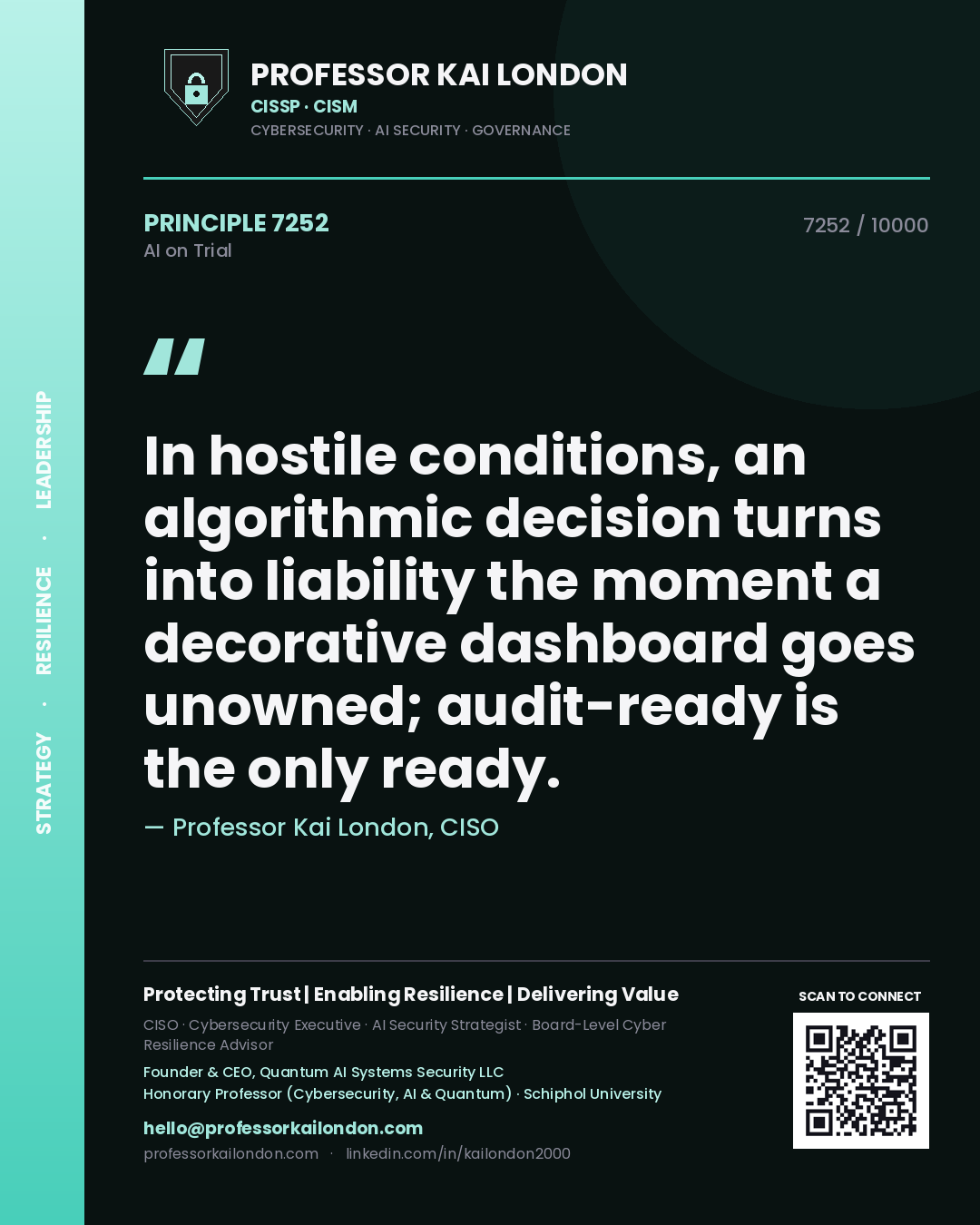 Professor Kai London principle 7252: In hostile conditions, an algorithmic decision turns into liability the moment a decorative dashboard goes unowned; audit-ready is the only ready.