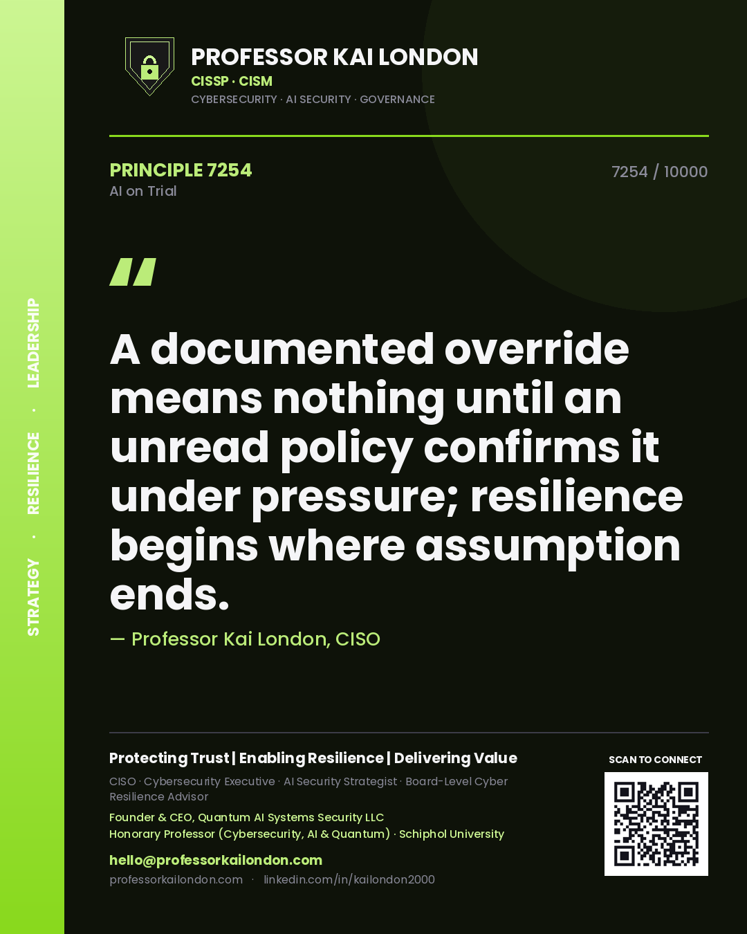 Professor Kai London principle 7254: A documented override means nothing until an unread policy confirms it under pressure; resilience begins where assumption ends.