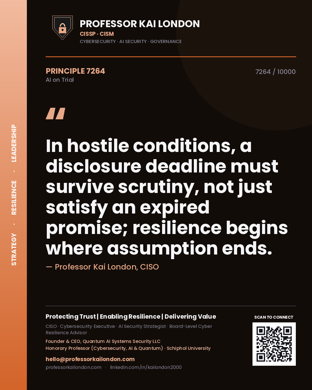 Professor Kai London principle 7264: In hostile conditions, a disclosure deadline must survive scrutiny, not just satisfy an expired promise; resilience begins where assumption ends.
