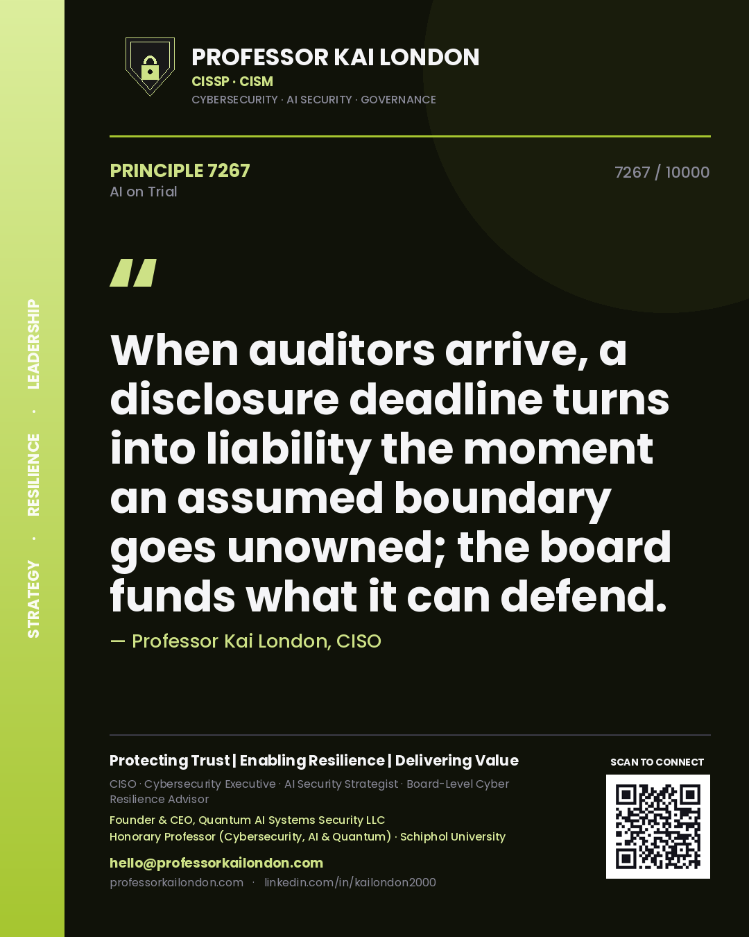 Professor Kai London principle 7267: When auditors arrive, a disclosure deadline turns into liability the moment an assumed boundary goes unowned; the board funds what it can defend.