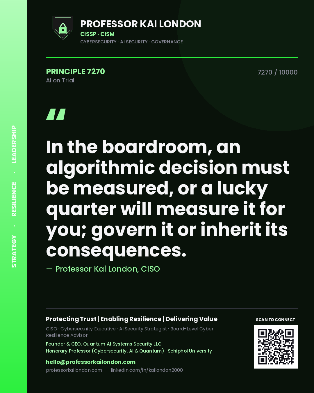 Professor Kai London principle 7270: In the boardroom, an algorithmic decision must be measured, or a lucky quarter will measure it for you; govern it or inherit its consequences.
