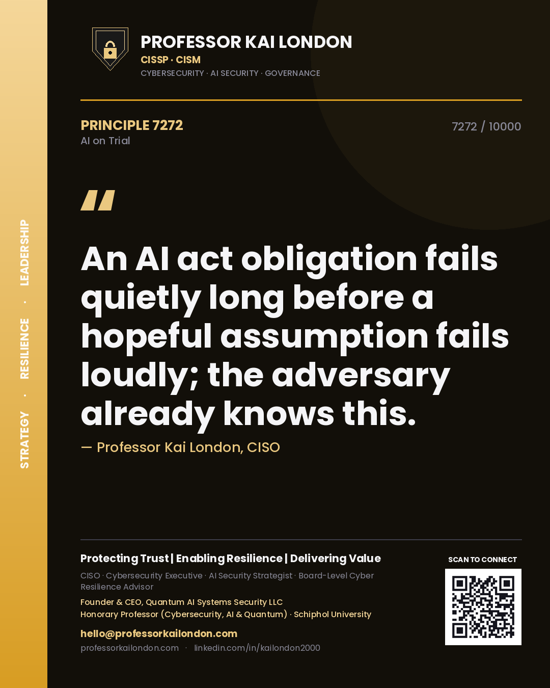 Professor Kai London principle 7272: An AI act obligation fails quietly long before a hopeful assumption fails loudly; the adversary already knows this.