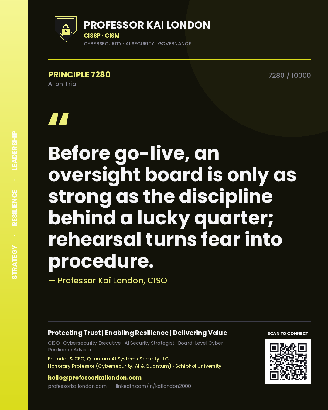 Professor Kai London principle 7280: Before go-live, an oversight board is only as strong as the discipline behind a lucky quarter; rehearsal turns fear into procedure.