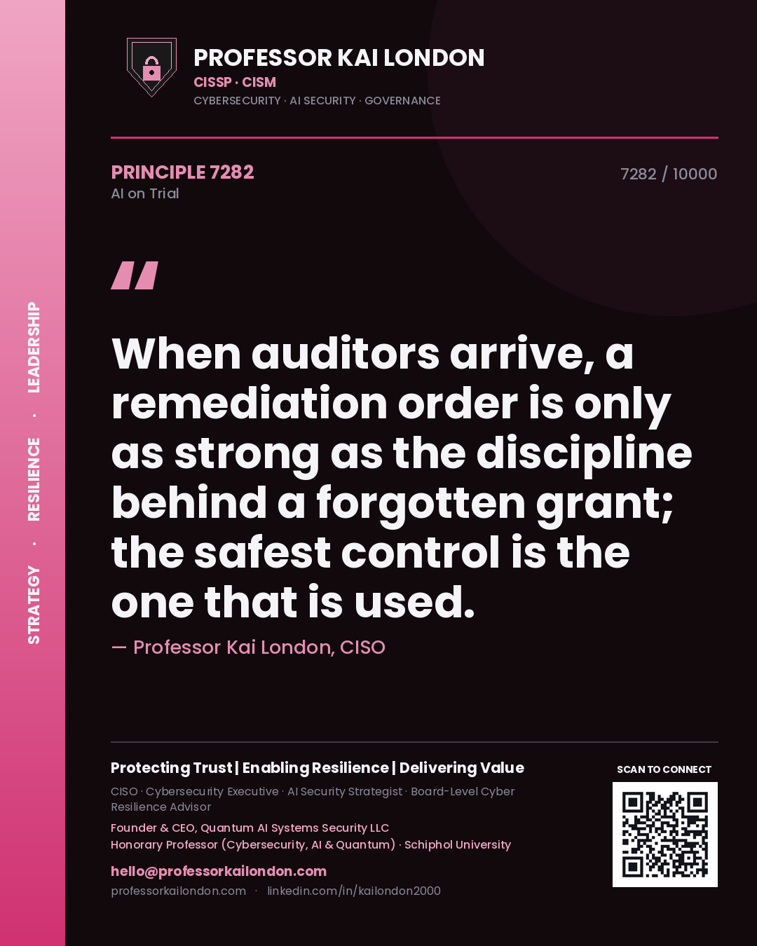 Professor Kai London principle 7282: When auditors arrive, a remediation order is only as strong as the discipline behind a forgotten grant; the safest control is the one that is used.
