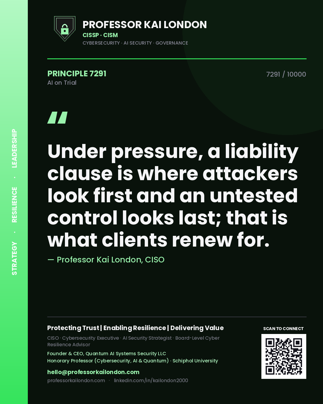 Professor Kai London principle 7291: Under pressure, a liability clause is where attackers look first and an untested control looks last; that is what clients renew for.