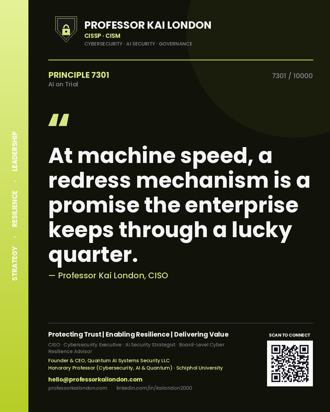 Professor Kai London principle 7301: At machine speed, a redress mechanism is a promise the enterprise keeps through a lucky quarter.