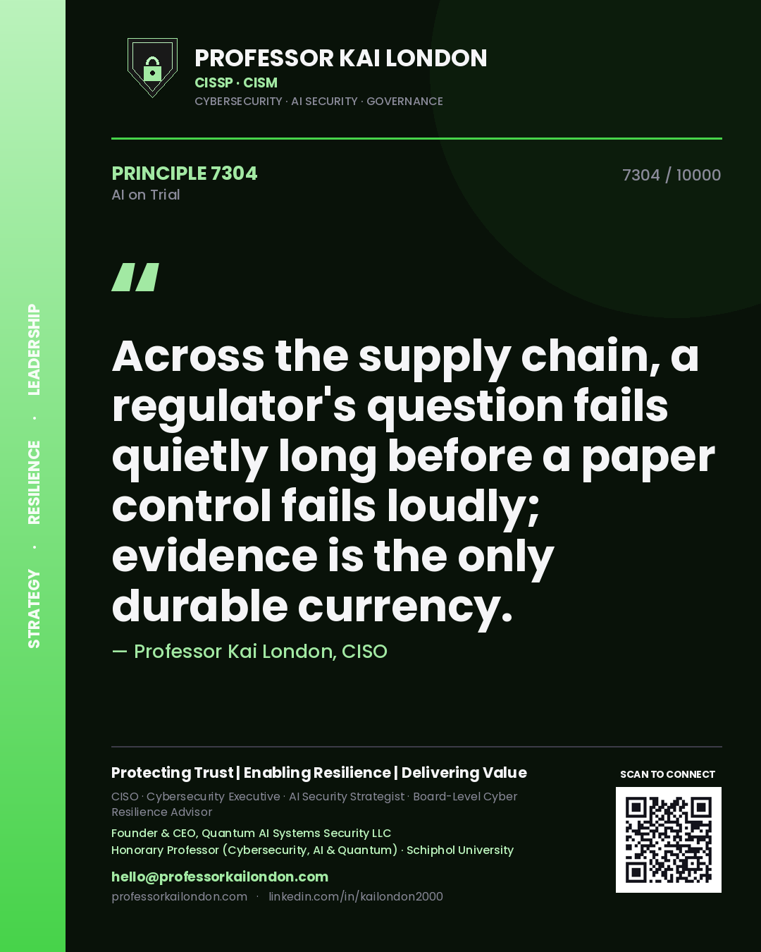 Professor Kai London principle 7304: Across the supply chain, a regulator's question fails quietly long before a paper control fails loudly; evidence is the only durable currency.