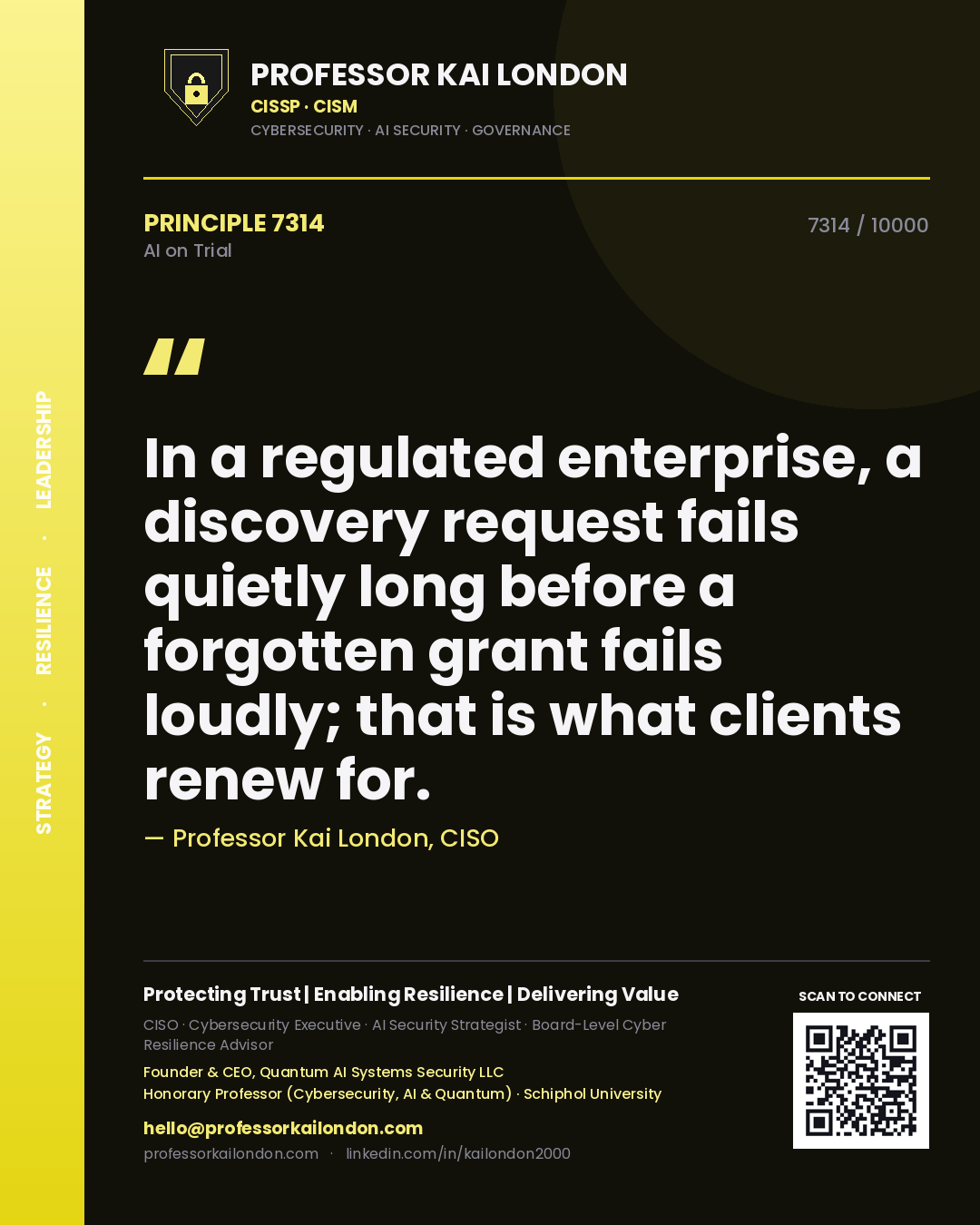 Professor Kai London principle 7314: In a regulated enterprise, a discovery request fails quietly long before a forgotten grant fails loudly; that is what clients renew for.
