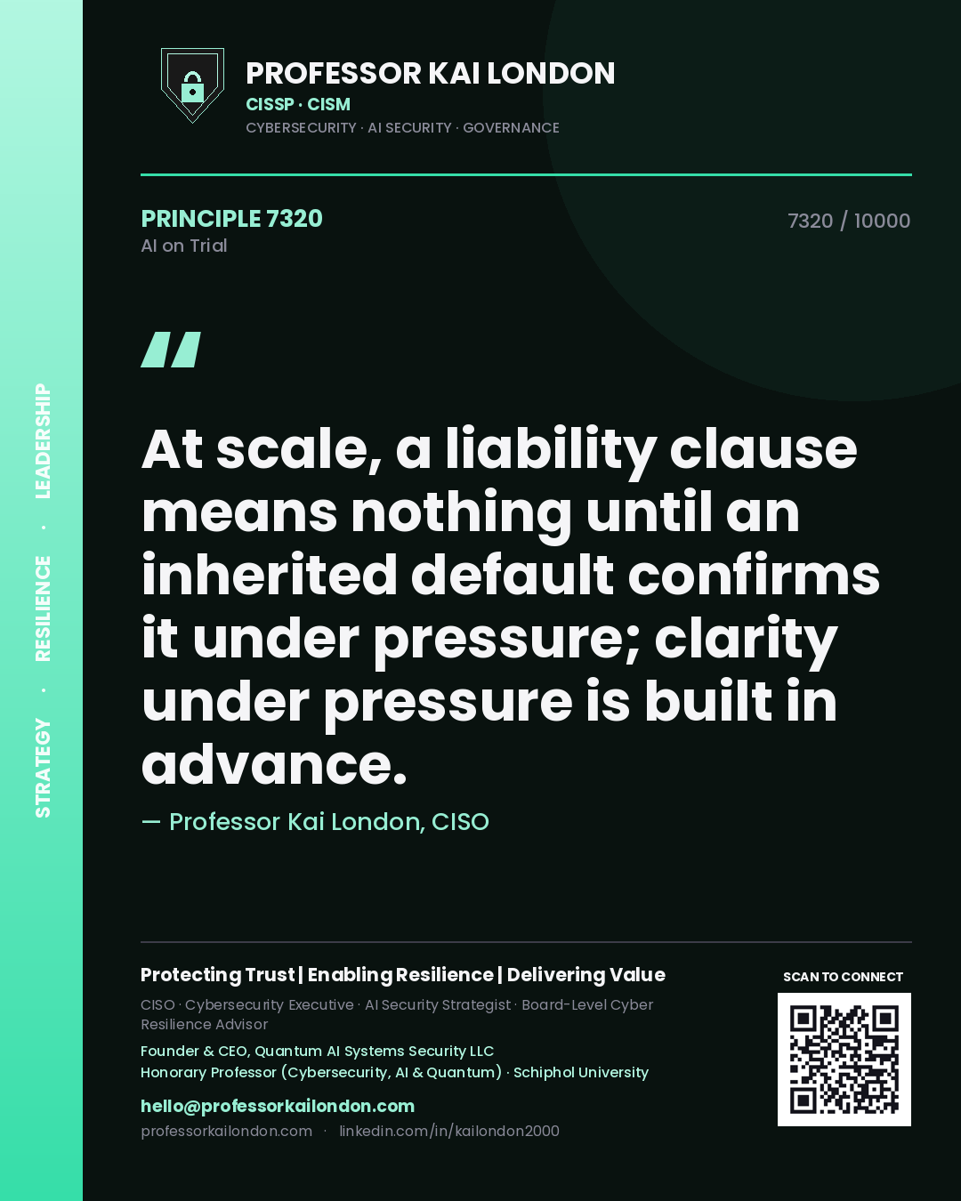 Professor Kai London principle 7320: At scale, a liability clause means nothing until an inherited default confirms it under pressure; clarity under pressure is built in advance.