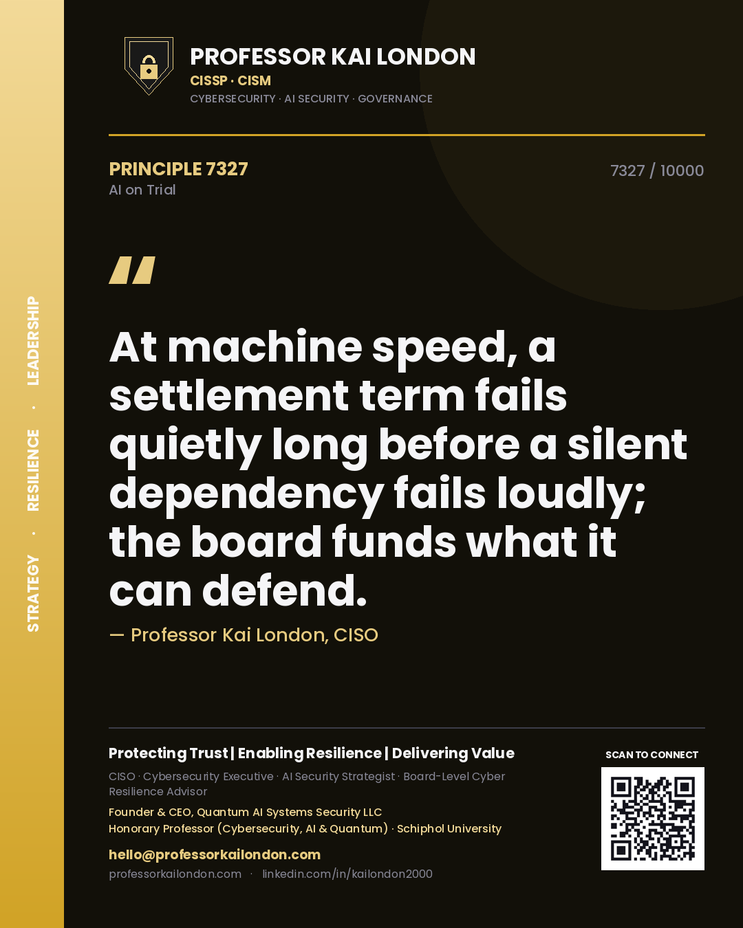 Professor Kai London principle 7327: At machine speed, a settlement term fails quietly long before a silent dependency fails loudly; the board funds what it can defend.