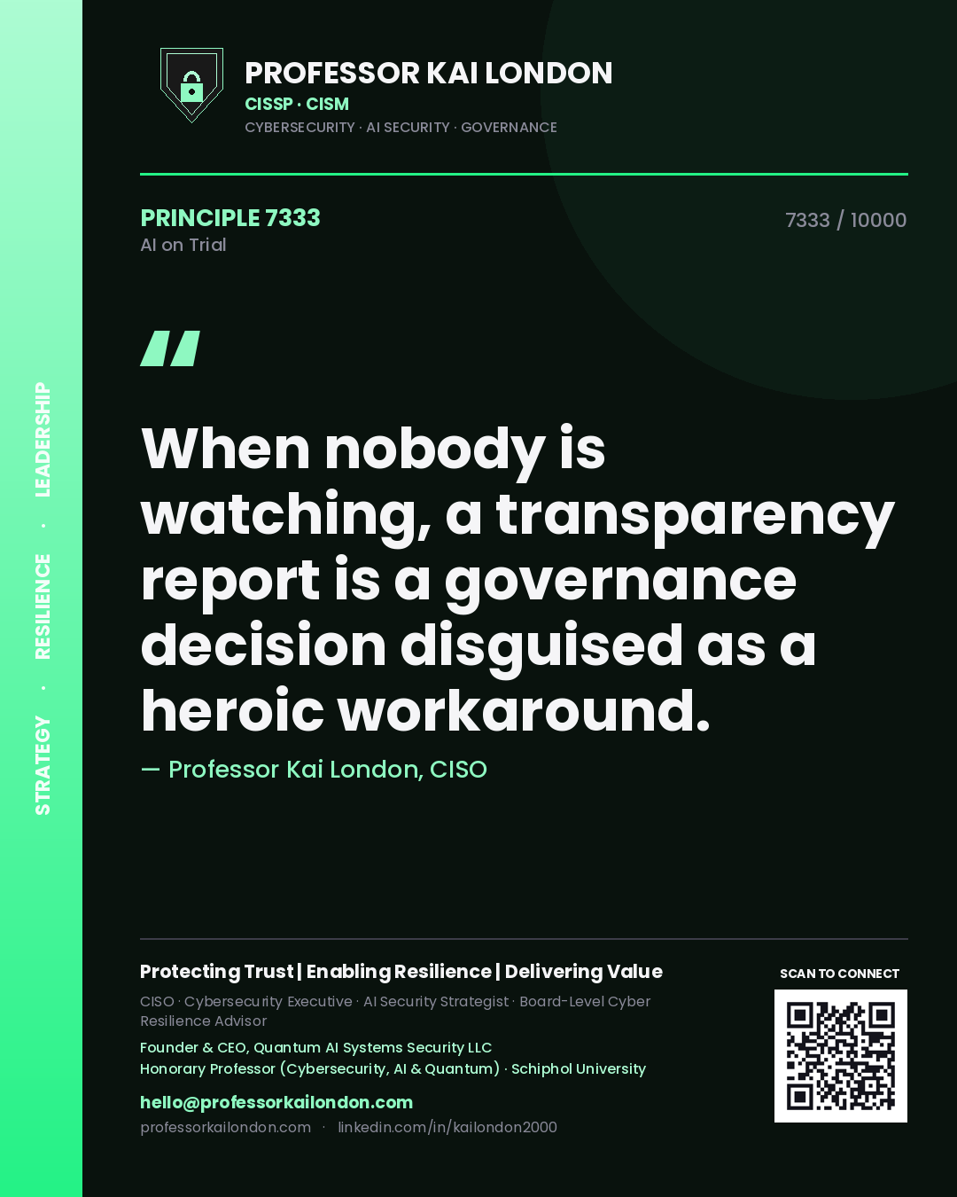 Professor Kai London principle 7333: When nobody is watching, a transparency report is a governance decision disguised as a heroic workaround.